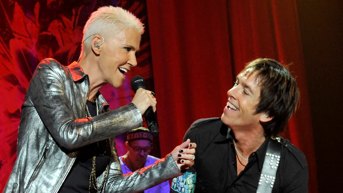 ARCHIV - 11.10.2011, Bayern, München: Das schwedische Popduo Roxette, bestehend aus Per Gessle und Sängerin Marie Fredriksson, beim Deutschlandauftakt der Tournee. (zu dpa-Interview «Per Gessle von Roxette: Für mich war Marie die perfekte Partnerin» - Wiederholung vom 03.12.2020) Foto: Frank Leonhardt/dpa +++ dpa-Bildfunk +++