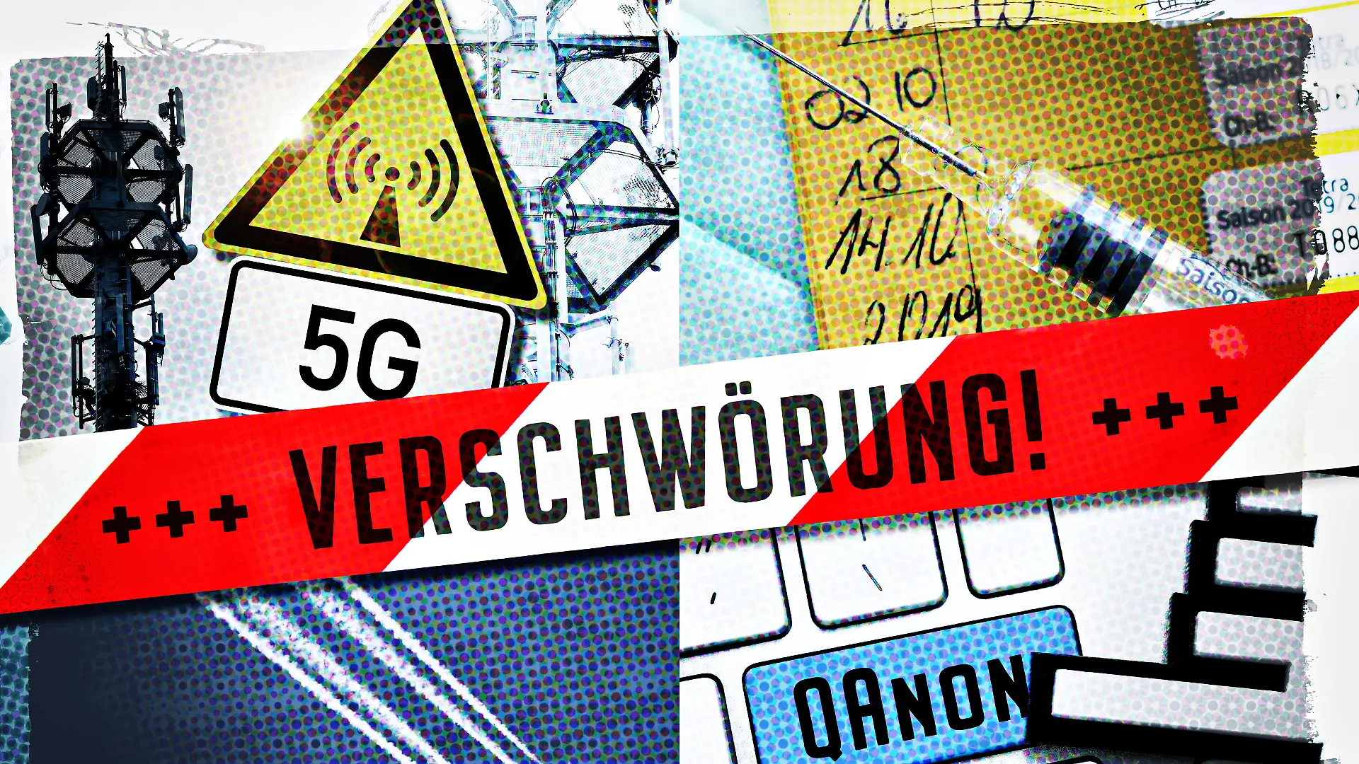 FOTOMONTAGE, Bilder von Kondensstreifen, 5G, QAnon und Impfspritze mit Absperrband und der Aufschrift Verschwörung, Symbolfoto für Verschwörungstheorien *** PHOTOMONTAGE, pictures of contrails, 5G, QAnon and vaccination syringe with barrier tape and the inscription conspiracy, symbol photo for conspiracy theories