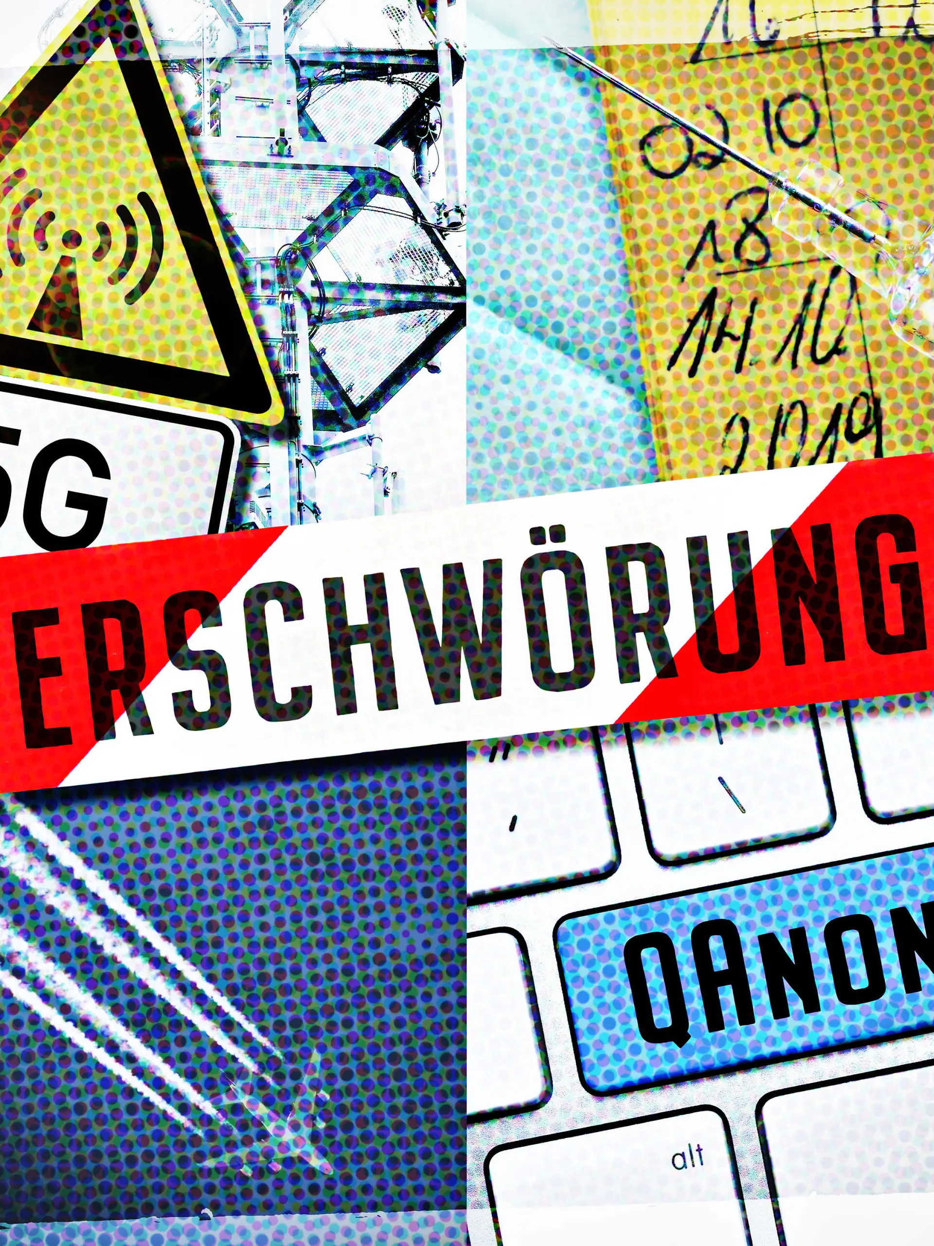  FOTOMONTAGE, Bilder von Kondensstreifen, 5G, QAnon und Impfspritze mit Absperrband und der Aufschrift Verschwörung, Symbolfoto für Verschwörungstheorien *** PHOTOMONTAGE, pictures of contrails, 5G, QAnon and vaccination syringe with barrier tape and the inscription conspiracy, symbol photo for conspiracy theories