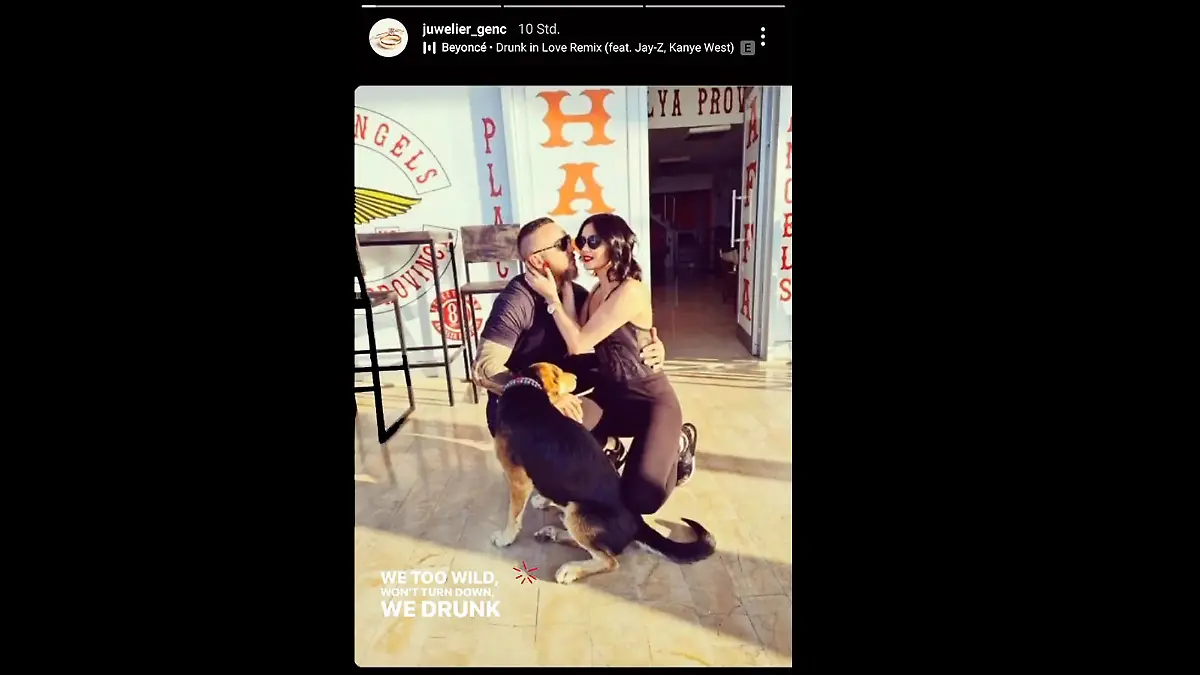 Timur A., Nathalie Volk und ein süßer Hund genießen eine sommerliche Kuscheleinheit. Das Bild wurde auf dem Instagram-Account "juwelier_genc" geteilt und von Nathalie repostet.