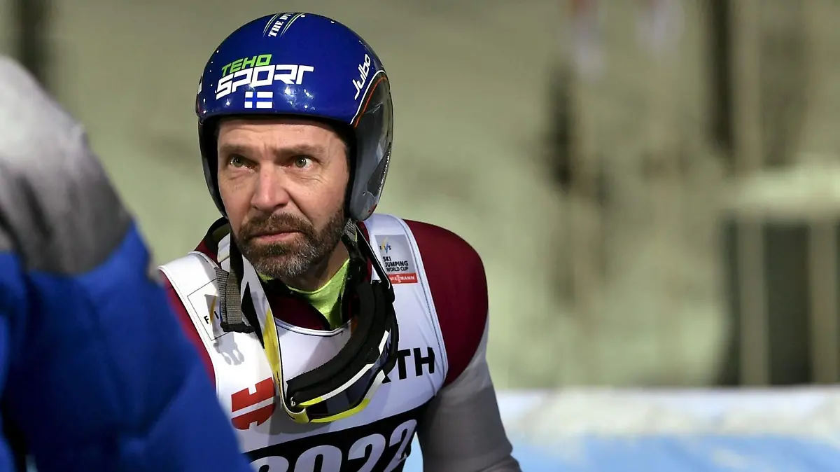 Former five-time Four-Hills Champion and two-time World Champion, Finnish ski jumper Janne Ahonen made an exhibition jump during HS130 ski jumping team event at the Lahti Ski Games in Lahti, Finland, on February 26, 2022. LEHTIKUVA / ANTTI YRJÖNEN - FINLAND OUT. NO THIRD PARTY SALES.