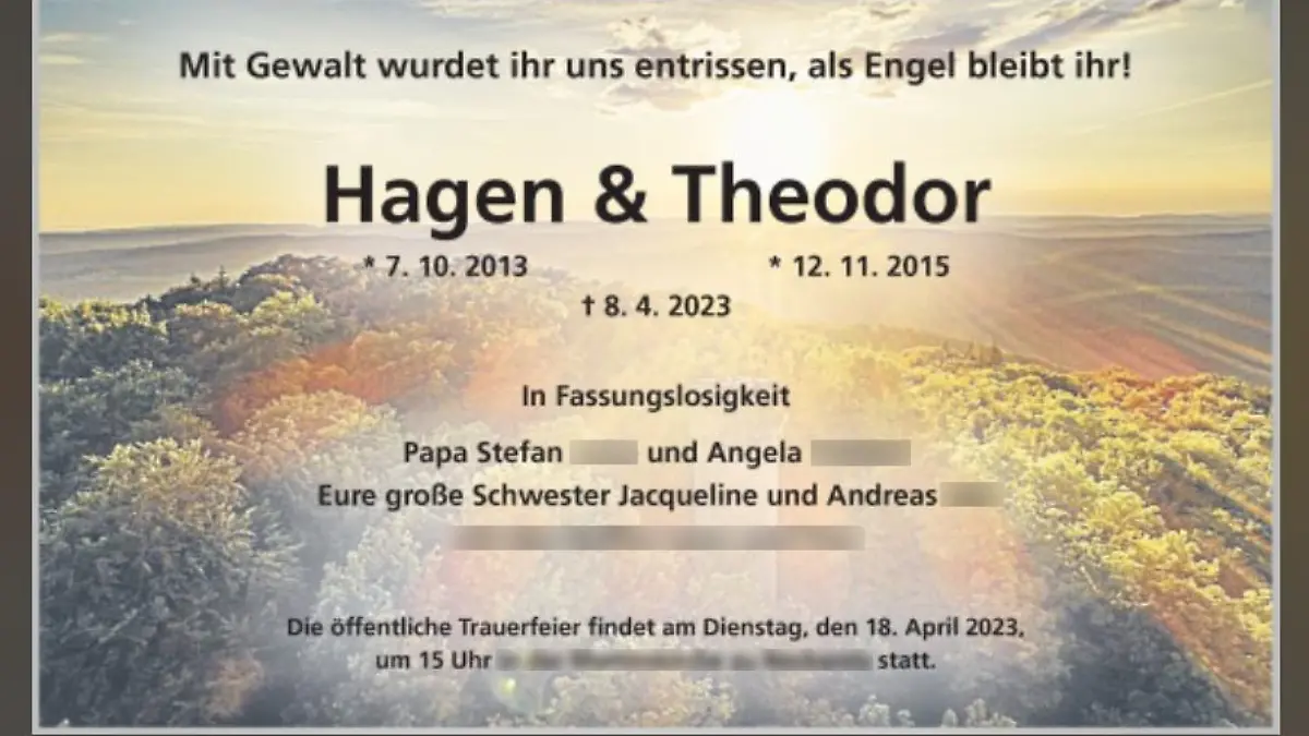 Veröffentliche Traueranzeige für die getöteten Brüder Theodor (7) und Hagen (9), die an Ostern 2023 mutmaßlich von ihrer Mutter Desiree A. in Hockenheim vergiftet wurden.