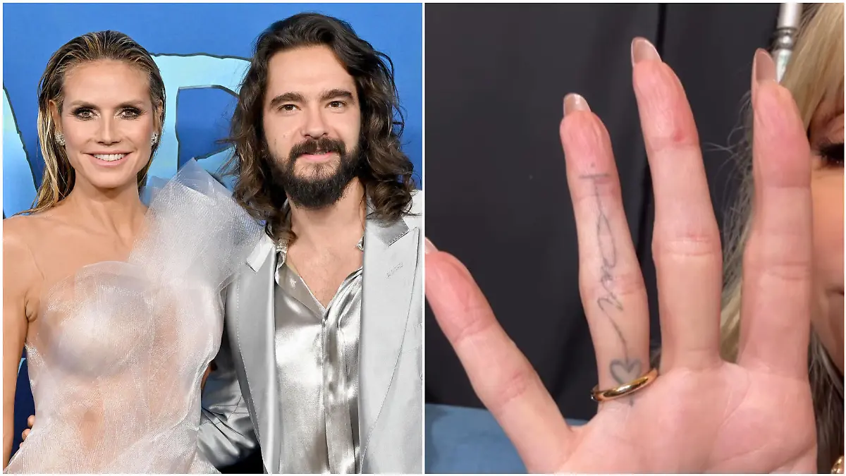Collage aus 2 Bildern, v.l.: Heidi Klum & Tom Kaulitz posieren zusammen auf einem roten Teppich. Heidi Klum hält die Rückseite ihres Ringfingers in die Handy-Kamera, darauf ist ihr "Tom"-Tattoo zu sehen.