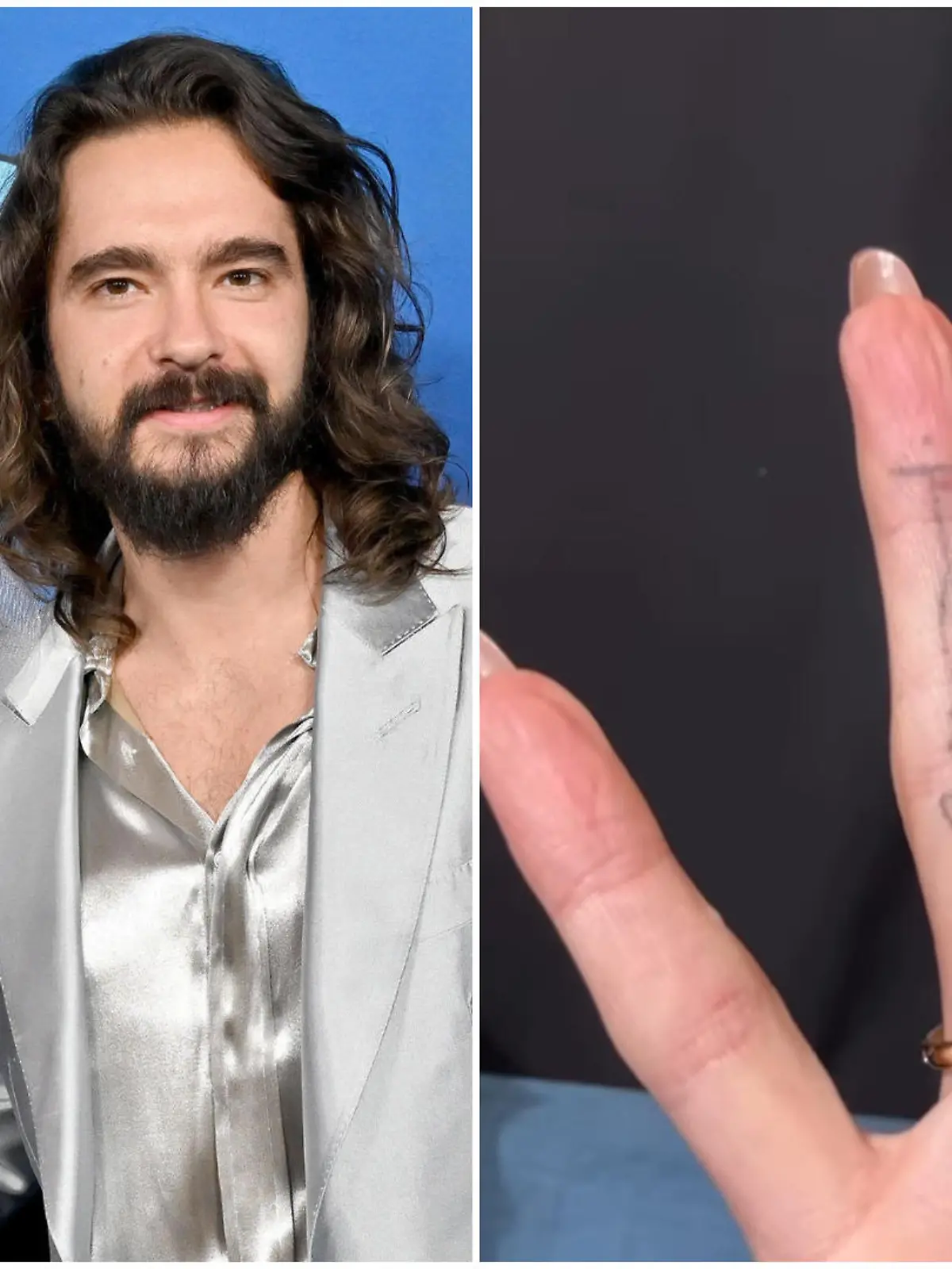 Collage aus 2 Bildern, v.l.: Heidi Klum & Tom Kaulitz posieren zusammen auf einem roten Teppich. Heidi Klum hält die Rückseite ihres Ringfingers in die Handy-Kamera, darauf ist ihr "Tom"-Tattoo zu sehen.
