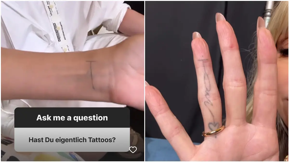 Mit gleich zwei Tattoos beweist Heidi Klum ihre Liebe zu Tom Kaulitz: Ein "T" ziert ihr Handgelenk, der Schriftzug "Tom" die Rückseite des Ringfingers, an dem sie ihren Ehering trägt.