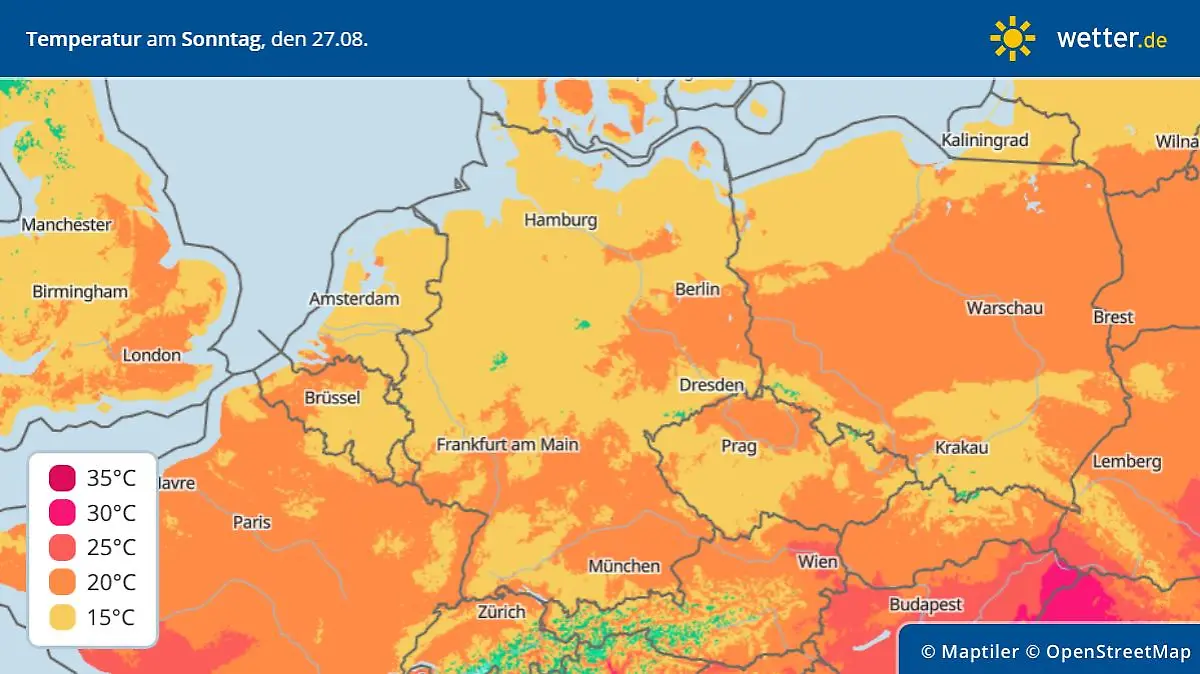 Die Grafik zeigt die Höchstwerte am Sonntag, 27.08.2023