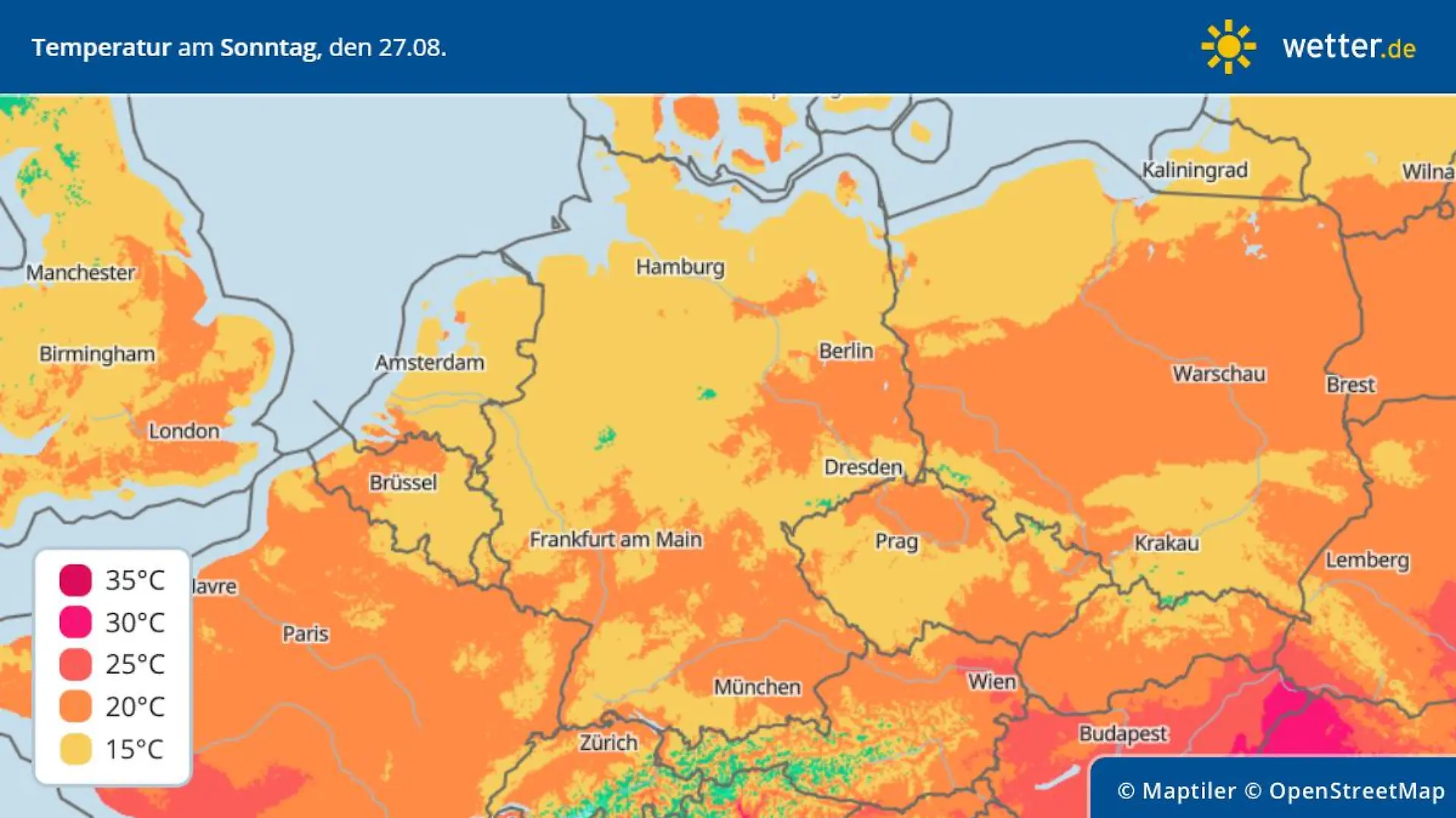 Die Grafik zeigt die Höchstwerte am Sonntag, 27.08.2023