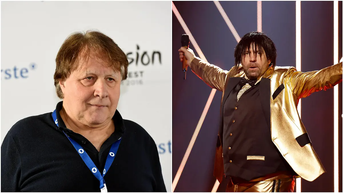 Collage aus 2 Bildern, v.l.: Peter Urban steht beim ESC 2016 in Stockholm auf dem roten Teppich; Ikke Hüftgold (alias Matthias Distel) performt beim ESC Vorentscheid 2023 auf der Bühne.