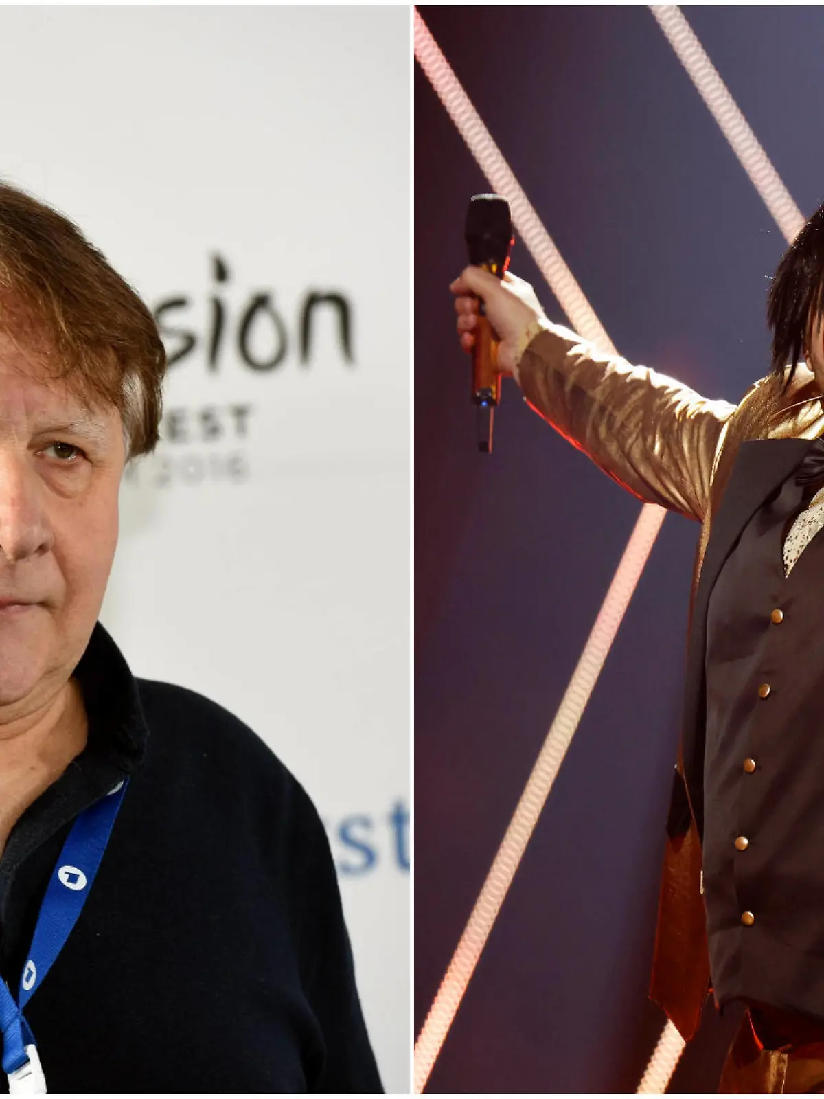 Collage aus 2 Bildern, v.l.: Peter Urban steht beim ESC 2016 in Stockholm auf dem roten Teppich; Ikke Hüftgold (alias Matthias Distel) performt beim ESC Vorentscheid 2023 auf der Bühne.