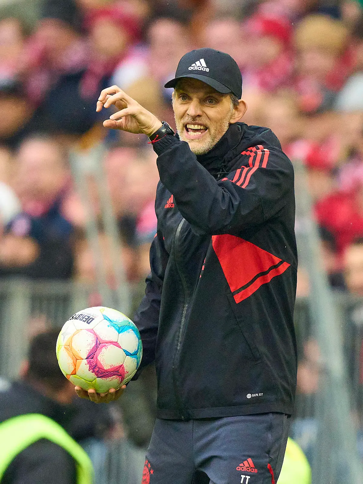 Trainer Thomas Tuchel FCB, team manager, headcoach, coach, geste in the match FC BAYERN MUENCHEN - TSG 1899 HOFFENHEIM 1.German Football League on Apr 15, 2023 in Munich, Germany. Season 2022/2023, matchday 28, 1.Bundesliga, FCB, BVB, München, 28.Spieltag.