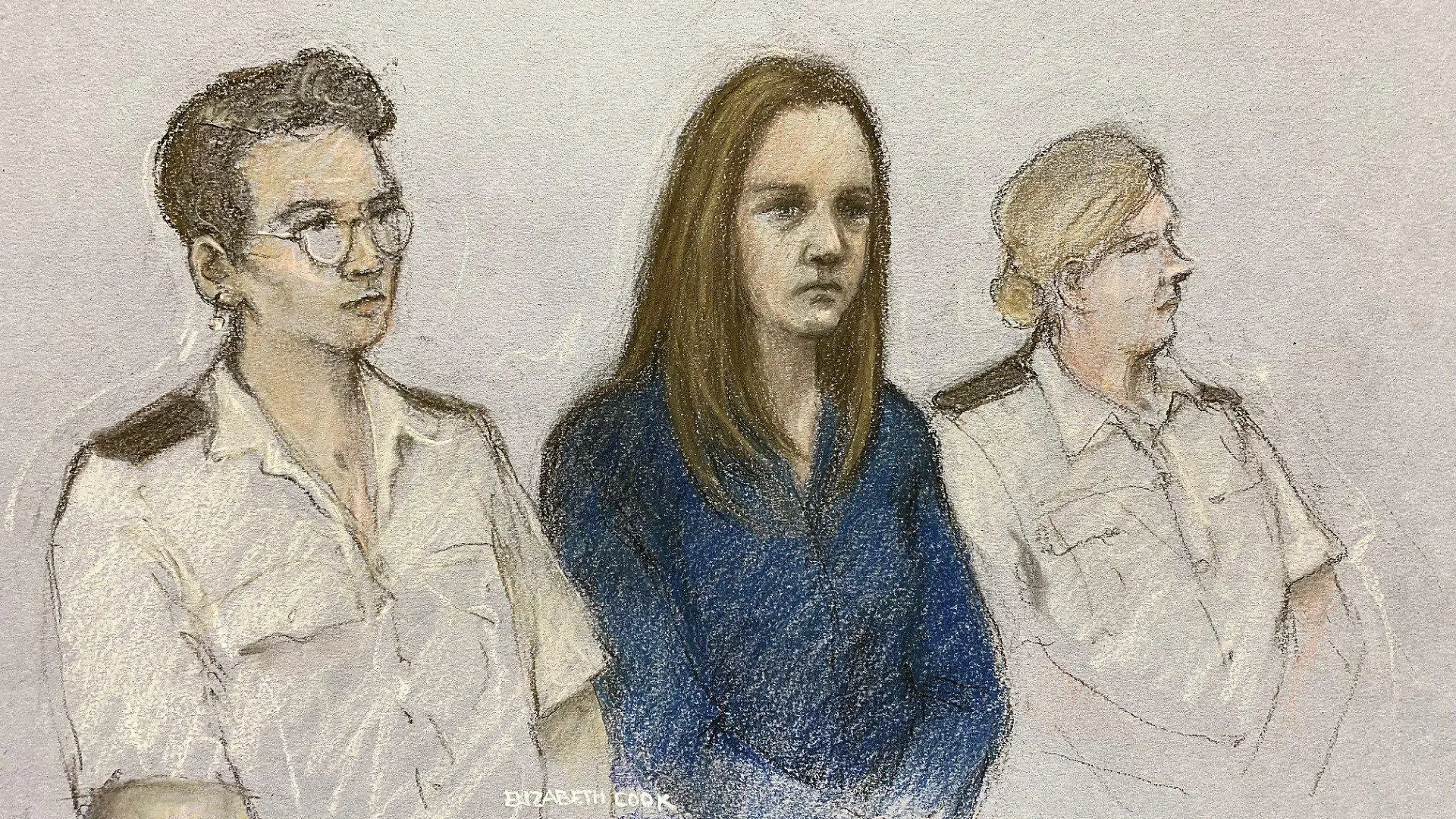 ILLUSTRATION - 10.08.2023, Großbritannien, Manchester: Diese bisher unveröffentlichte Gerichtszeichnung vom 10.08.23 zeigt die Krankenschwester (M) Lucy Letby, die der Urteilsverlesung im Manchester Crown Court zuhört. Im Fall der wegen Mordes und versuchten Mordes mehrerer Babys schuldig gesprochenen englischen Krankenschwester Letby soll am 21.08.2023 das Strafmaß verkündet werden. Foto: Elizabeth Cook/PA Wire/dpa - ACHTUNG: Nur zur redaktionellen Verwendung und nur mit vollständiger Nennung des vorstehenden Credits +++ dpa-Bildfunk +++