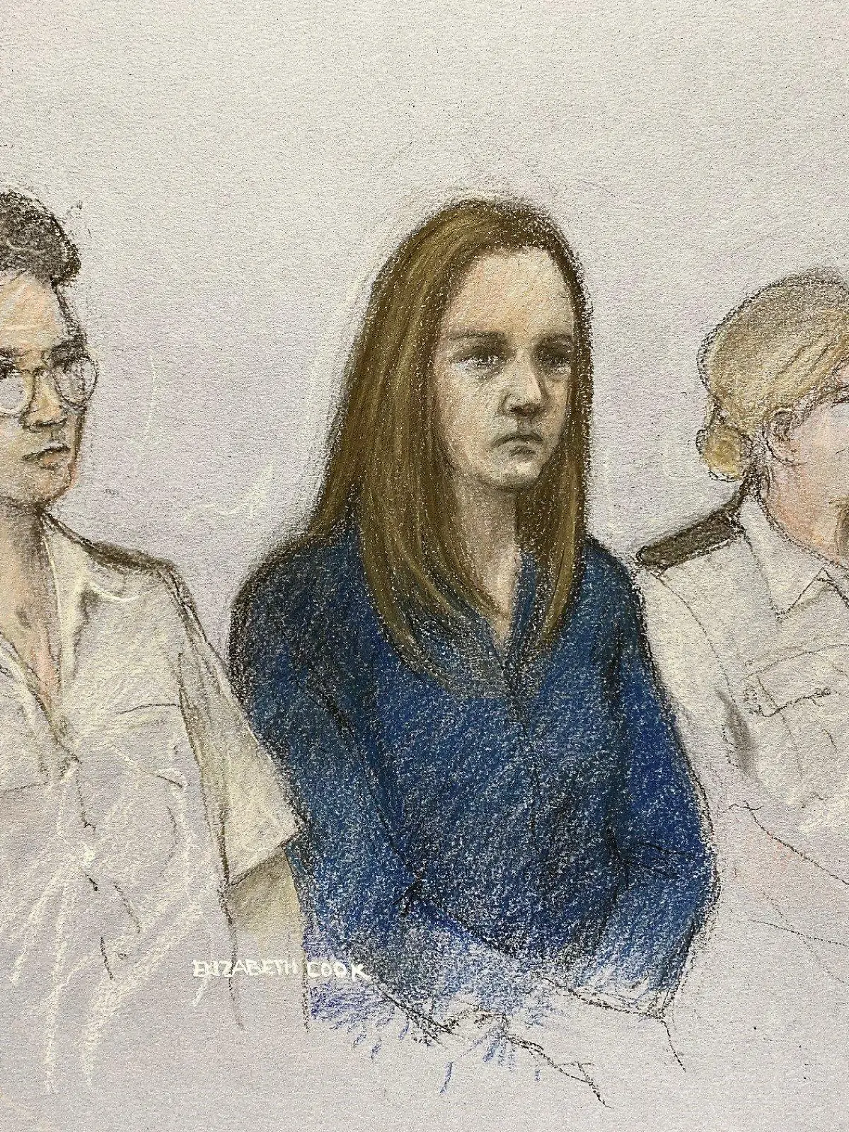 ILLUSTRATION - 10.08.2023, Großbritannien, Manchester: Diese bisher unveröffentlichte Gerichtszeichnung vom 10.08.23 zeigt die Krankenschwester (M) Lucy Letby, die der Urteilsverlesung im Manchester Crown Court zuhört. Im Fall der wegen Mordes und versuchten Mordes mehrerer Babys schuldig gesprochenen englischen Krankenschwester Letby soll am 21.08.2023 das Strafmaß verkündet werden. Foto: Elizabeth Cook/PA Wire/dpa - ACHTUNG: Nur zur redaktionellen Verwendung und nur mit vollständiger Nennung des vorstehenden Credits +++ dpa-Bildfunk +++