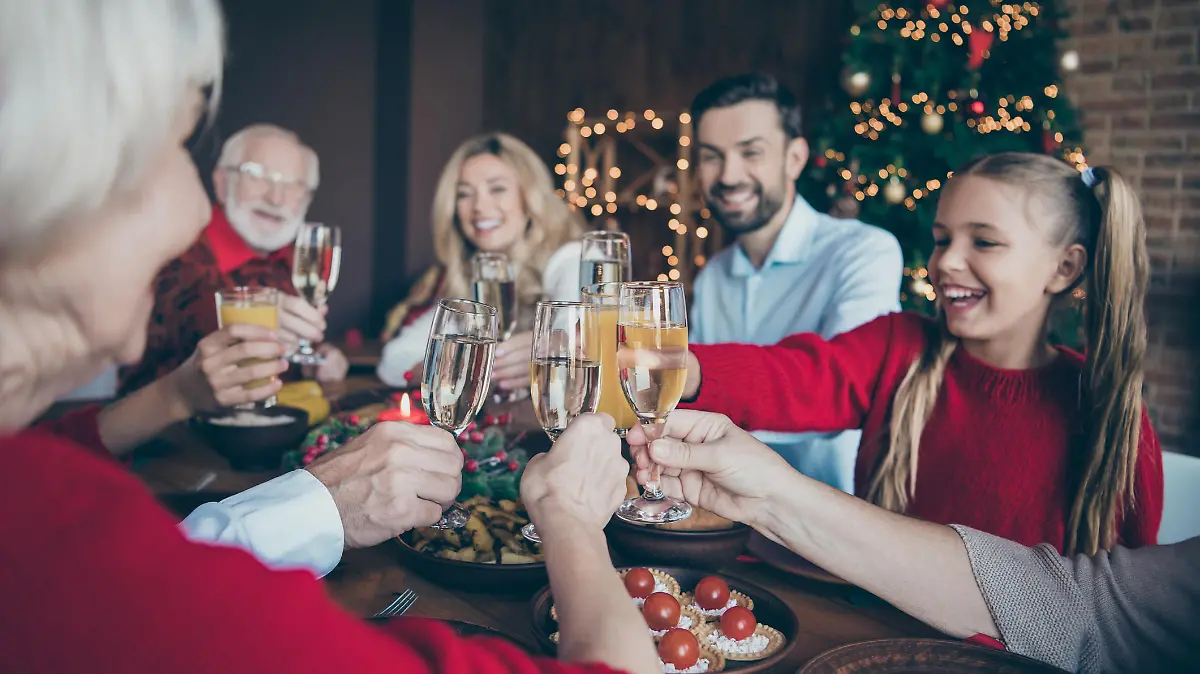 Familie stößt unterm Weihnachtsbaum an.