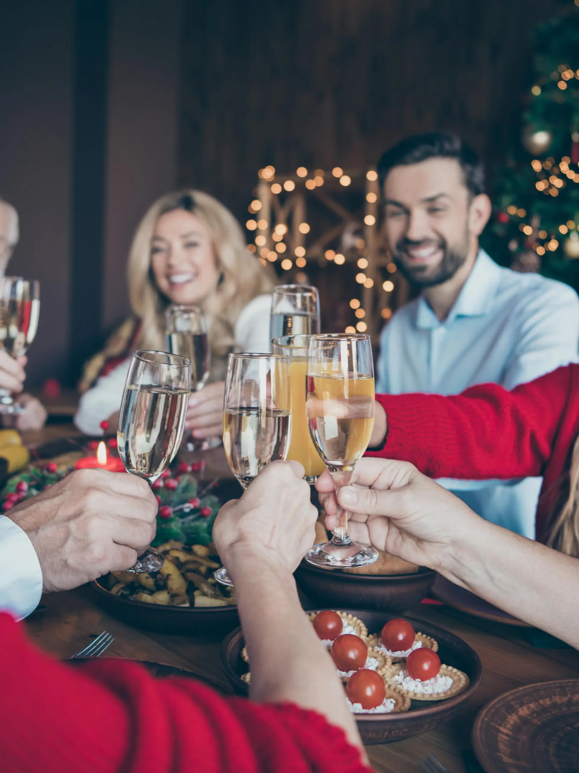 Familie stößt unterm Weihnachtsbaum an.