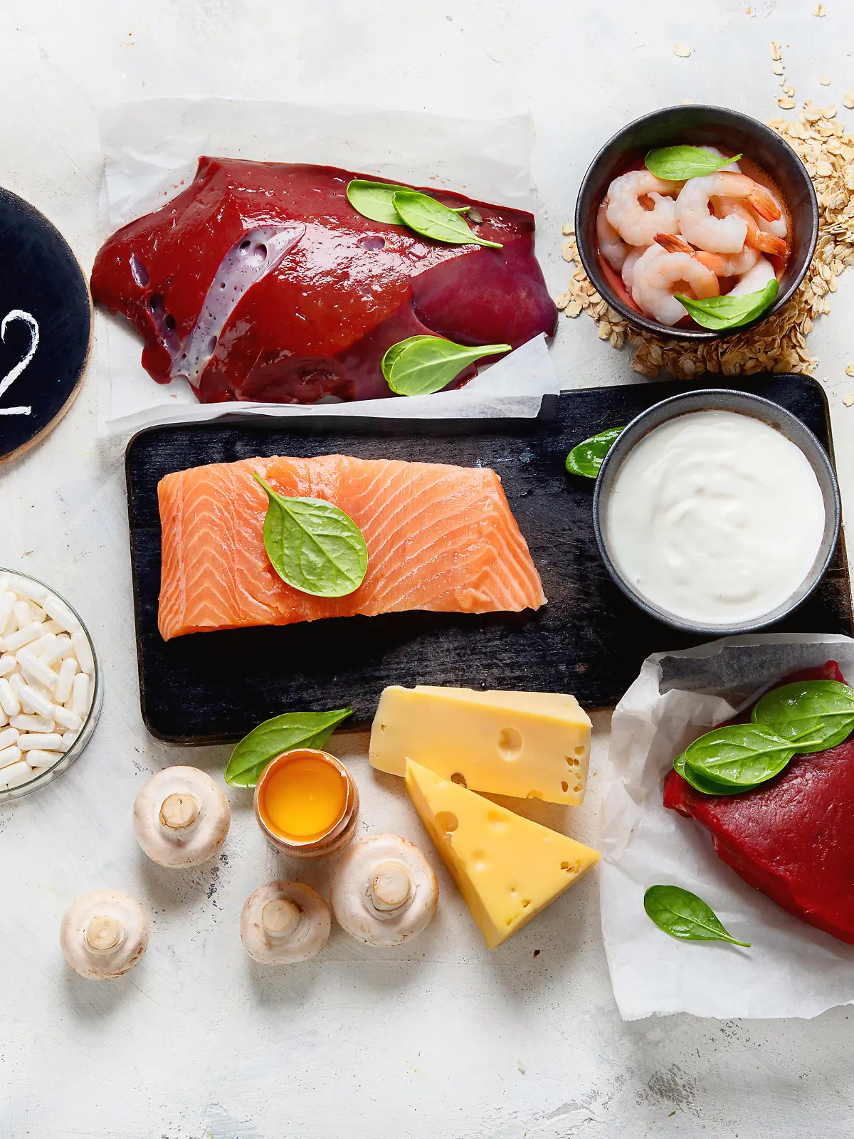Auswahl Gemüse, Obst, Fisch, Hafer als gesunde Ernährung