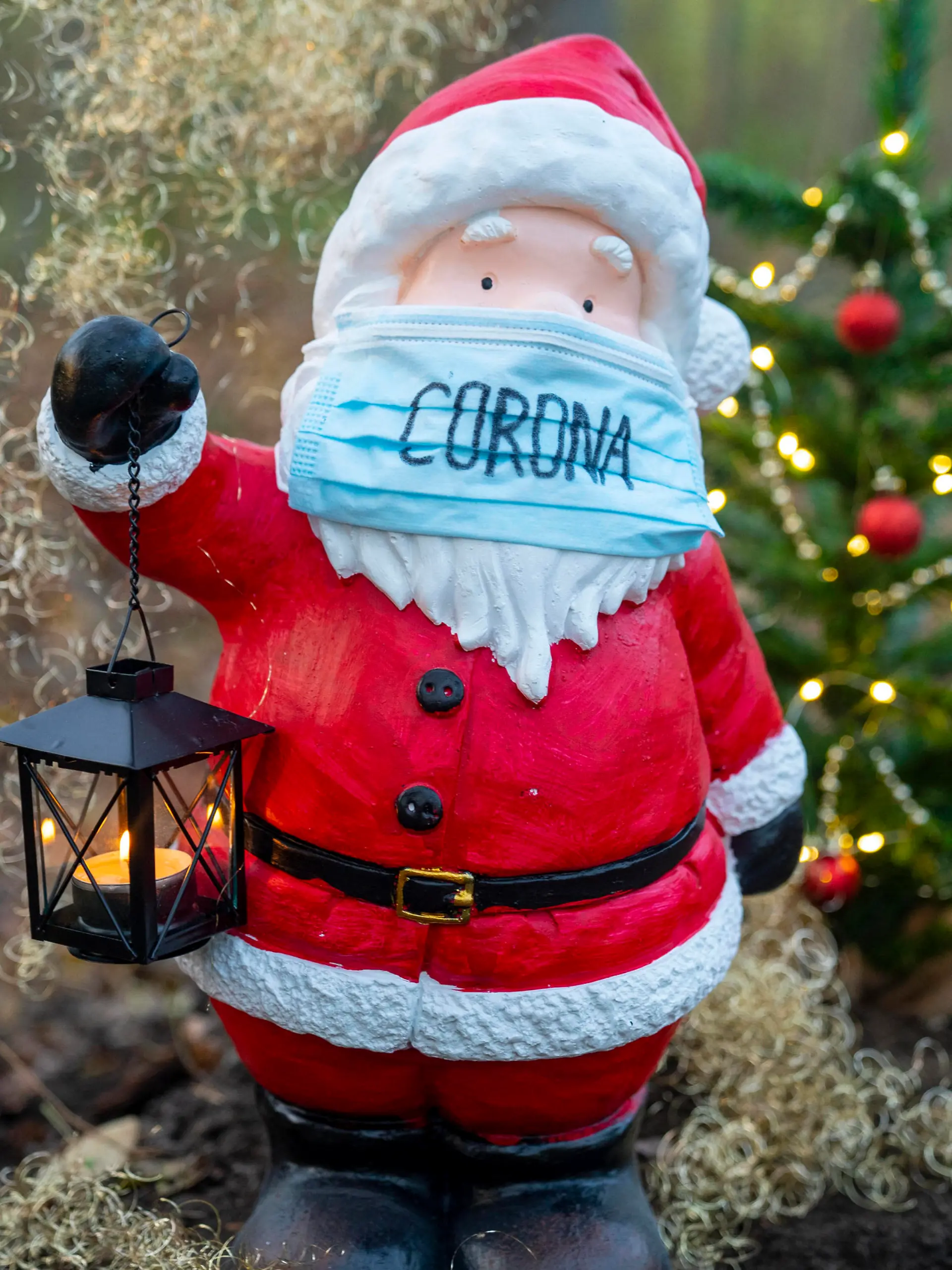  Symbolfoto, Weihnachtsmann mit Corona Mund-Nasenschutz Symbolbild Nikolaus mit Maske. Die Adventszeit und Weihnachten scheinen dieses Jahr unter starken Corona und moeglichen Kontakt Beschraenkungen stattzufinden. Hier ein Weihnachtsmann mit Corona Gesichtsmaske und Weihnachtsbaum im Wald - Deutschland *** Symbolic photo, Santa Claus with Corona mouth nose protection Symbolic image Santa Claus with mask The Advent season and Christmas seem to take place this year under strong Corona and possible contact restrictions Here a Santa Claus with Corona face mask and Christmas tree in the forest Germany