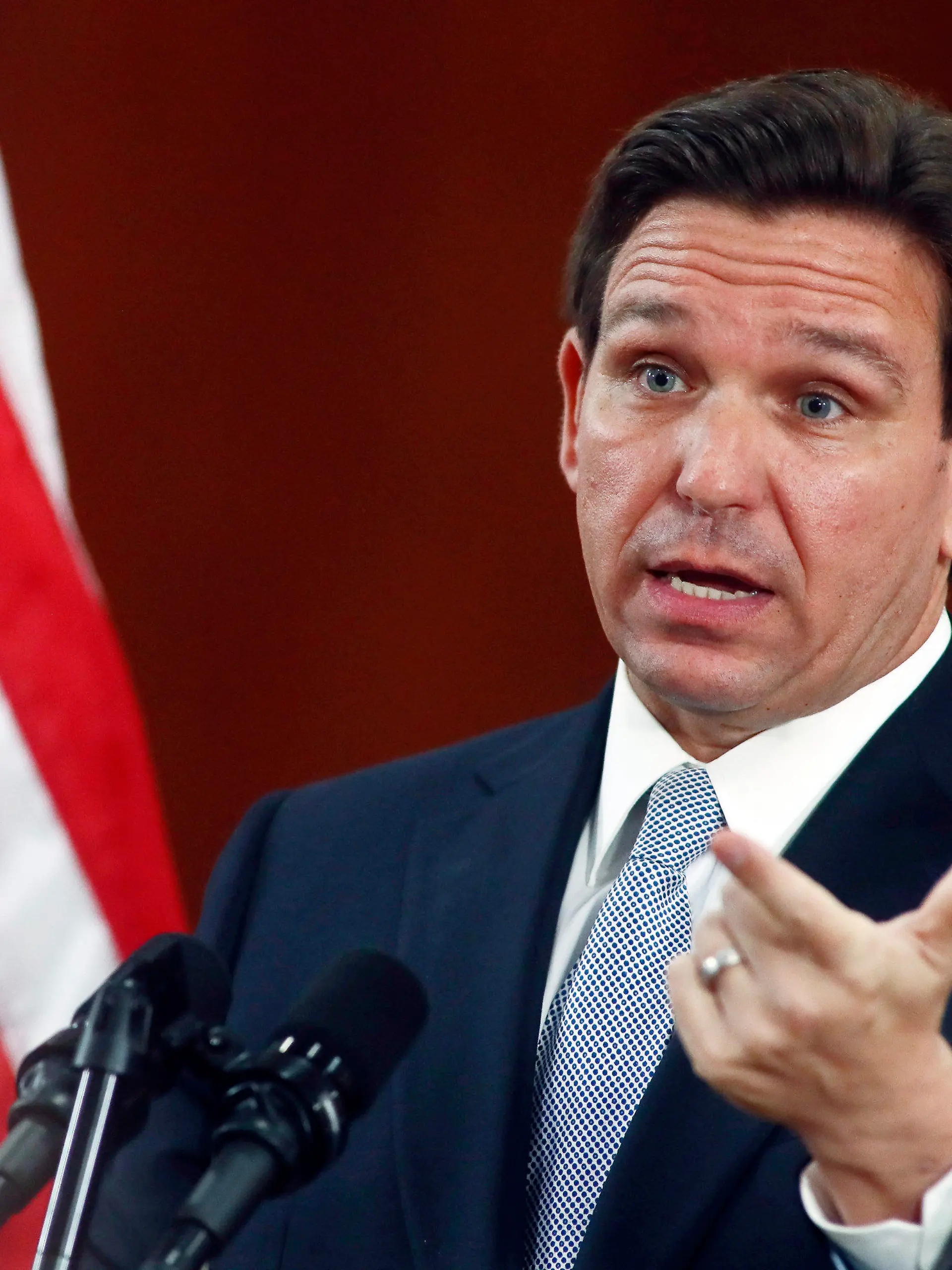 FILE - Florida Gov. Ron DeSantis answers questions from the media in the Florida Cabinet following his State of the State address during a joint session of the Senate and House of Representatives on March 7, 2023, at the state Capitol in Tallahassee, Fla. The Republican-dominated Florida Legislature on Thursday, April 13, approved a ban on abortions after six weeks of pregnancy, a proposal supported by DeSantis as he prepares for an expected presidential run. (AP Photo/Phil Sears, File)