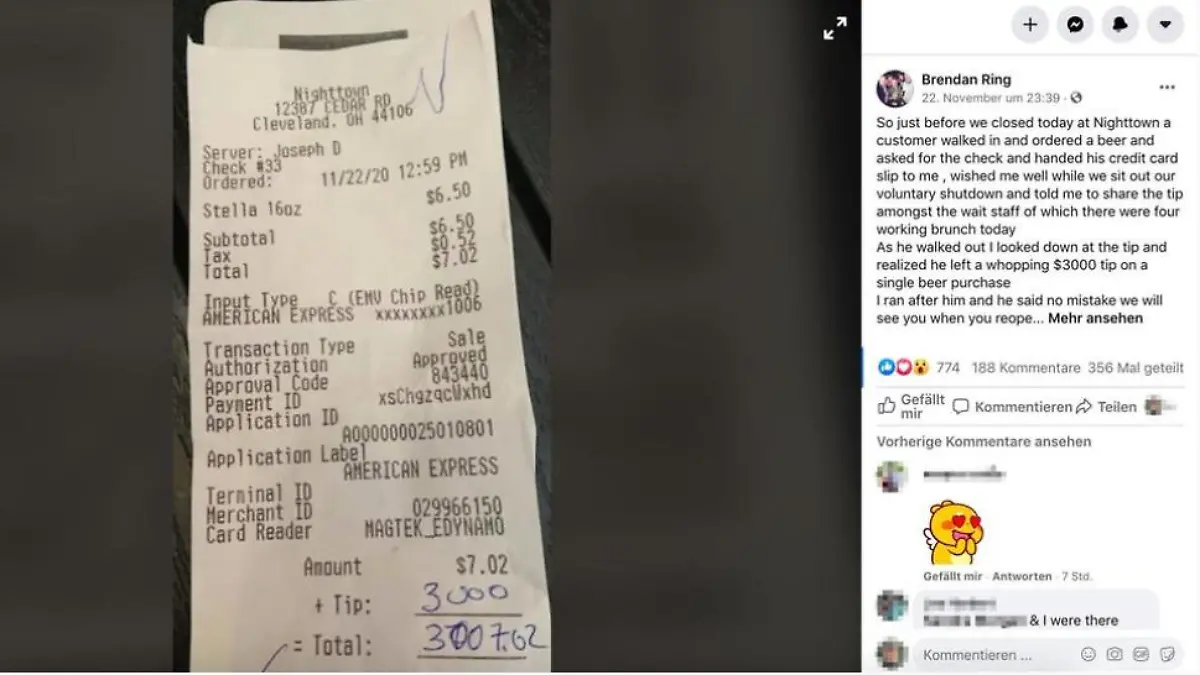 Barbesitzer Brendan Ring bekommt 3000 Dollar Trinkgeld
