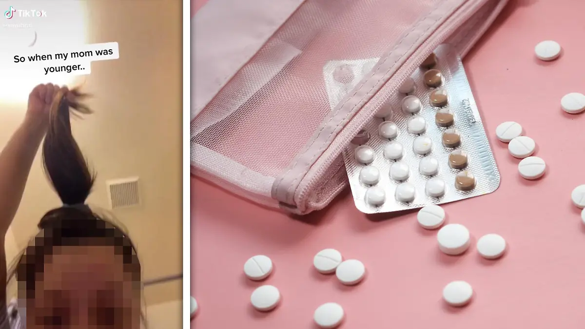 Ein Mädchen, das seinen Pferdeschwanz zeigt und daneben eine Anti-Baby-Pillen-Packung.