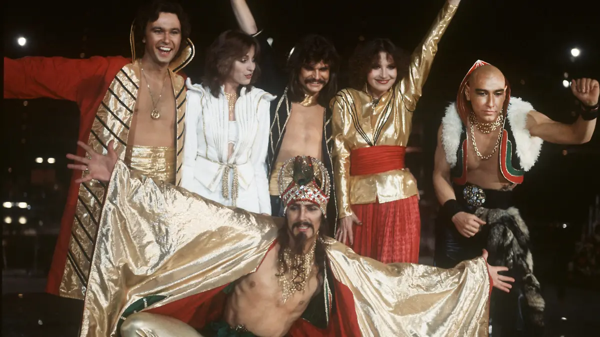 Die Popgruppe "Dschinghis Khan" ("Moskau"; "Dschinghis Khan") am 17.03.1979 in der Rudi-Sedlmayer-Halle in München. Die Band mit Steve Bender, Wolfgang Heichel, Leslie Mandoki, Edina Pop, Louis Hendrik Potgieter und Henriette Strobel wurde von Ralph Siegel produziert.