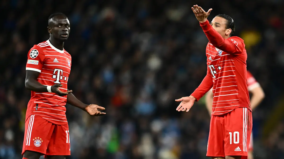 England, Manchester - 11 April 2023 - Sadio Mane and Leroy Sane of Bayern Munich argue during the UEFA Champions League quarter-final first leg match between Manchester City and FC Bayern Munich at Etihad stadium. Photo Sebastian Frej UEFA Champions League quarter-final first leg - Manchester City v FC Bayern Munich Copyright: xSebastianxFrejx