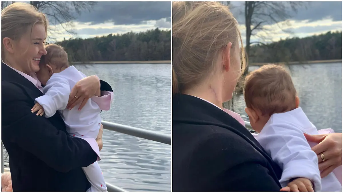 Collage aus 2 Bildern, v.l.: Patrice Aminati hält ihre Tochter Charly im Arm und lacht. Patrice Aminati hält ihre Tochter Charly im Arm, beide stehen am See und wurden von hinten fotografiert.