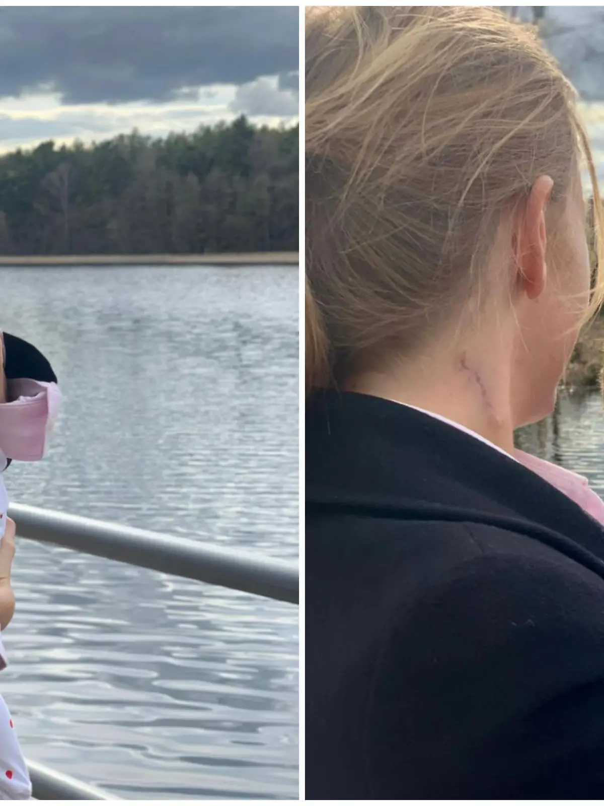 Collage aus 2 Bildern, v.l.: Patrice Aminati hält ihre Tochter Charly im Arm und lacht. Patrice Aminati hält ihre Tochter Charly im Arm, beide stehen am See und wurden von hinten fotografiert.