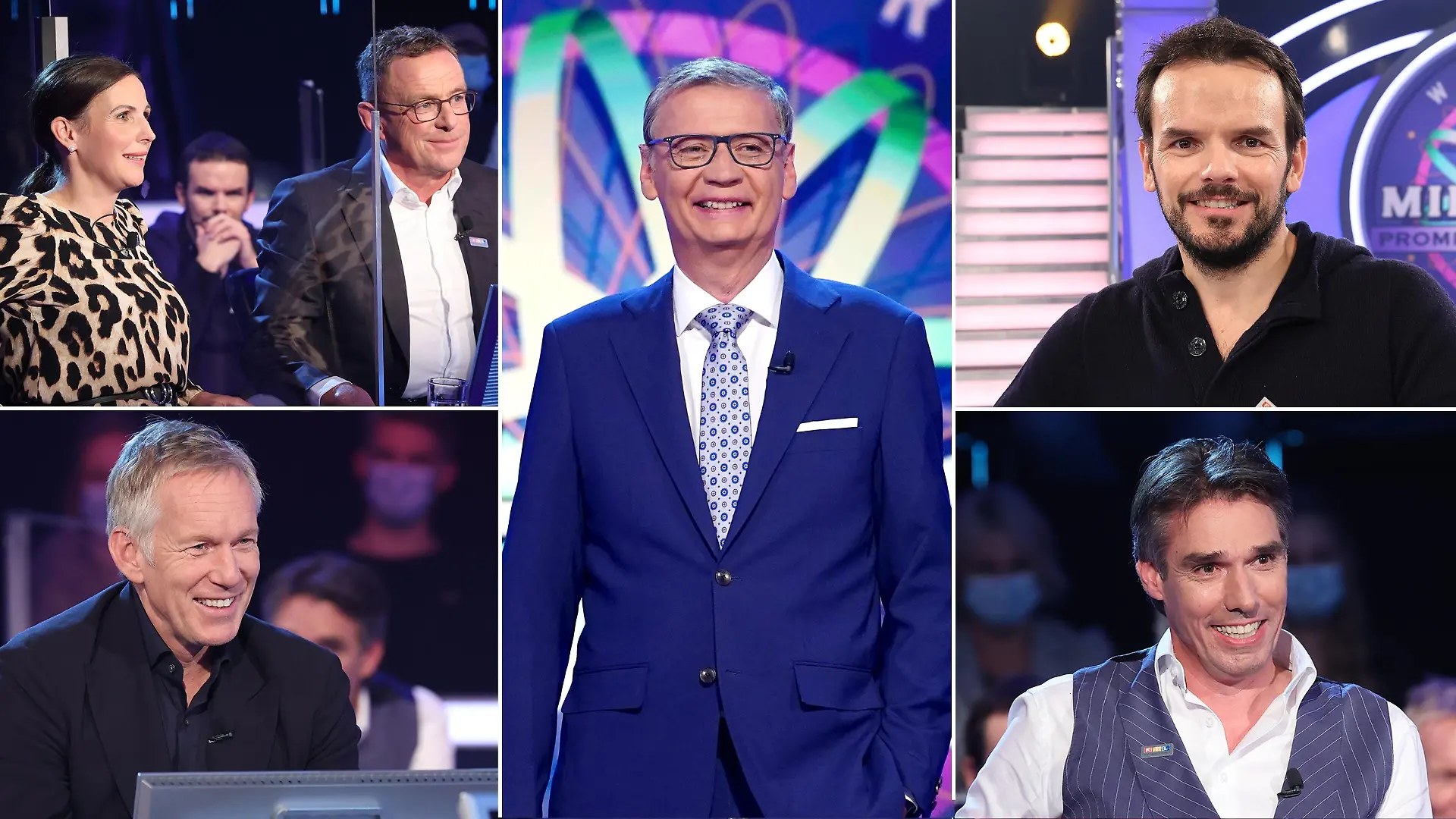 "Wer wird Millionär?"-Moderator Günther Jauch mit seinen prominenten Kandidaten Sabrina Mockenhaupt, Ralf Rangnick und Steffen Henssler (oben). Johannes B. Kerner und Michael Stich (unten)