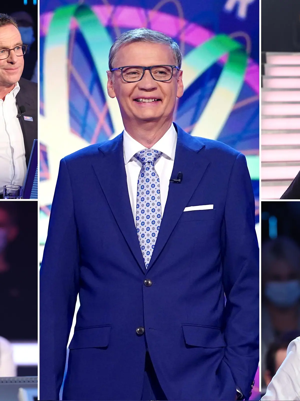 "Wer wird Millionär?"-Moderator Günther Jauch mit seinen prominenten Kandidaten Sabrina Mockenhaupt, Ralf Rangnick und Steffen Henssler (oben). Johannes B. Kerner und Michael Stich (unten)