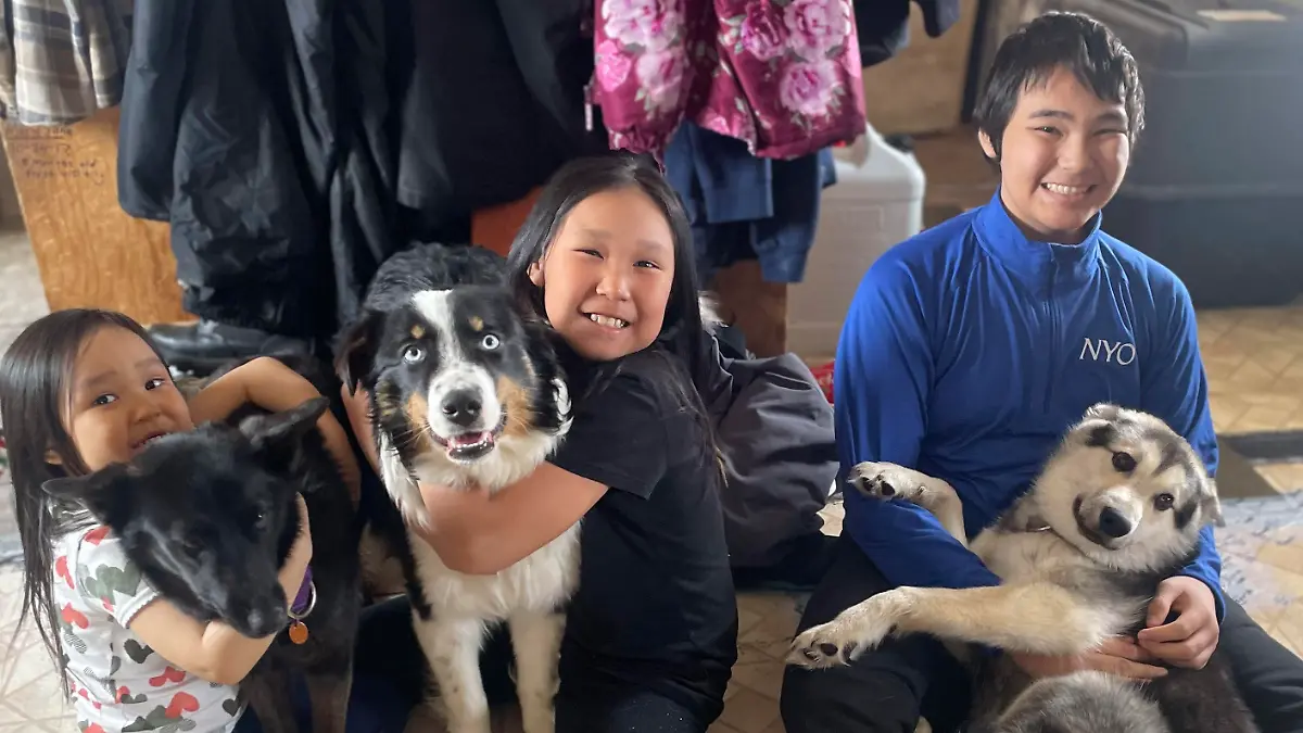 HANDOUT - 06.04.2023, USA, Gambell: Auf diesem von Mandy Iworrigan zur Verfügung gestellten Foto ist Nanuq (M) zu sehen, nachdem der einjährige australische Schäferhund nach Gambell in Alaska zurückgebracht wurde. Im US-Bundesstaat Alaska ist ein Hund verschwunden, rund 240 Kilometer über Meereis gelaufen und hat es dann - abgesehen von zwei Bisswunden - einen Monat später wohlbehalten zurück zu seiner Familie geschafft. (zu dpa «USA: Hund läuft 240 Kilometer über Meereis - und kehrt munter zurück») Foto: Mandy Iworrigan/AP/dpa - ACHTUNG: Nur zur redaktionellen Verwendung bis zum 26.04.2023 im Zusammenhang mit der aktuellen Berichterstattung und nur mit vollständiger Nennung des vorstehenden Credits +++ dpa-Bildfunk +++