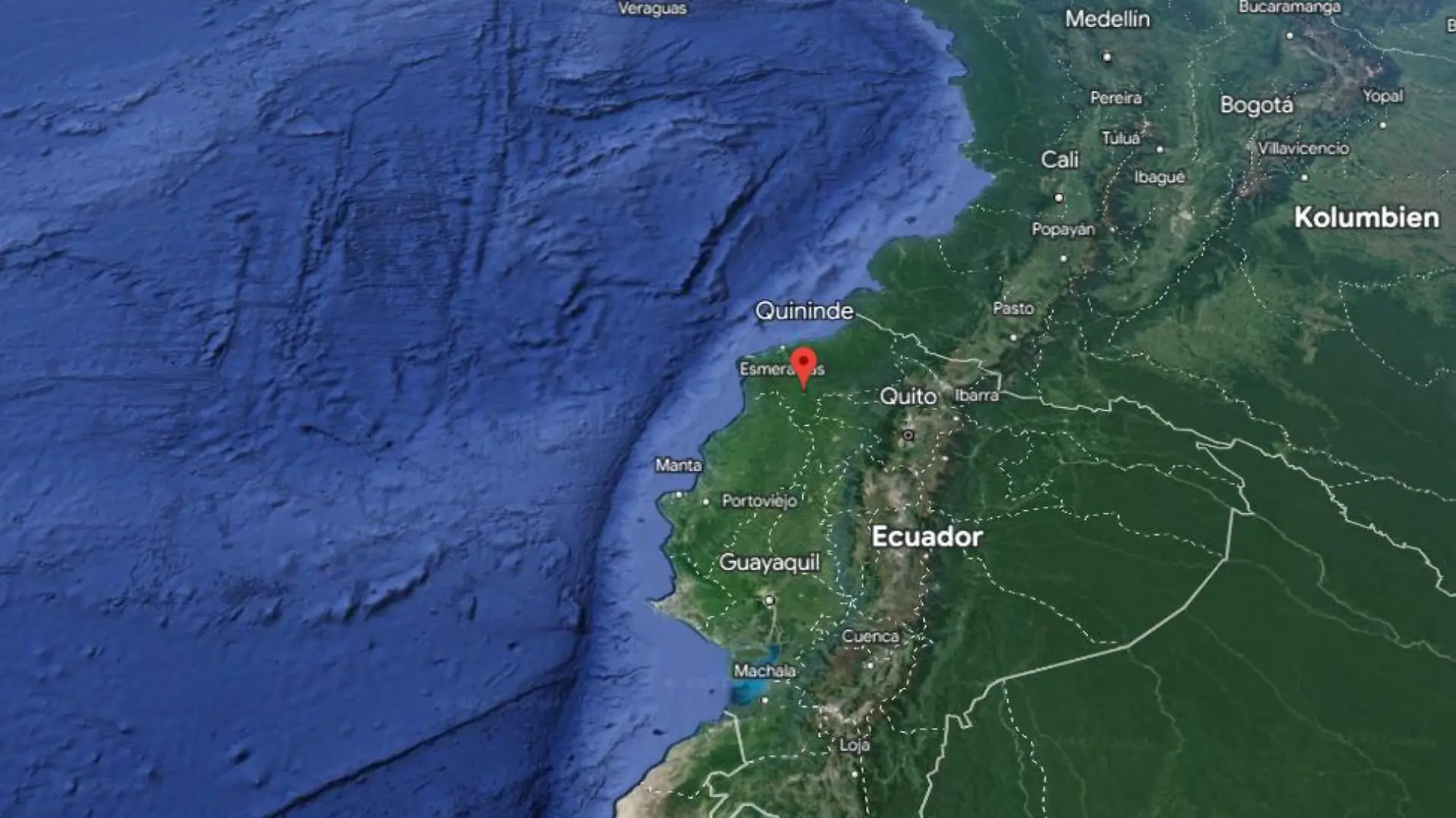 Eine Karte von Google Earth, auf der die Stadt Quininde in Ecuador zu sehen ist.