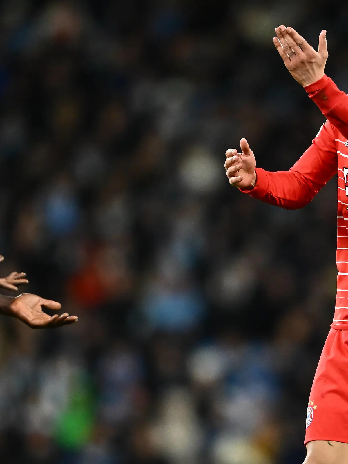 England, Manchester - 11 April 2023 - Sadio Mane and Leroy Sane of Bayern Munich argue during the UEFA Champions League quarter-final first leg match between Manchester City and FC Bayern Munich at Etihad stadium. Photo Sebastian Frej UEFA Champions League quarter-final first leg - Manchester City v FC Bayern Munich Copyright: xSebastianxFrejx