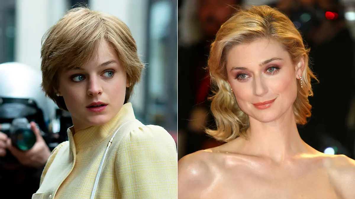 This combination photo shows Emma Corrin portraying Diana Spencer in the fourth season of the Netflix series "The Crown", left, and actress Elizabeth Debicki, who will take over the role for the remaining seasons. (Netflix via AP, left, and AP Photo)