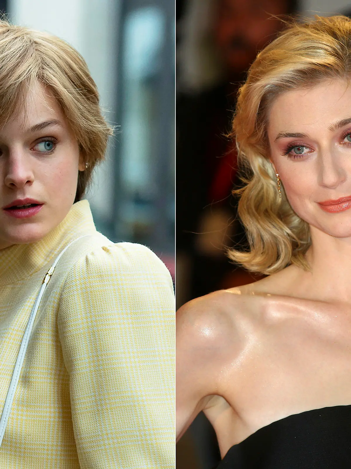 This combination photo shows Emma Corrin portraying Diana Spencer in the fourth season of the Netflix series "The Crown", left, and actress Elizabeth Debicki, who will take over the role for the remaining seasons. (Netflix via AP, left, and AP Photo)