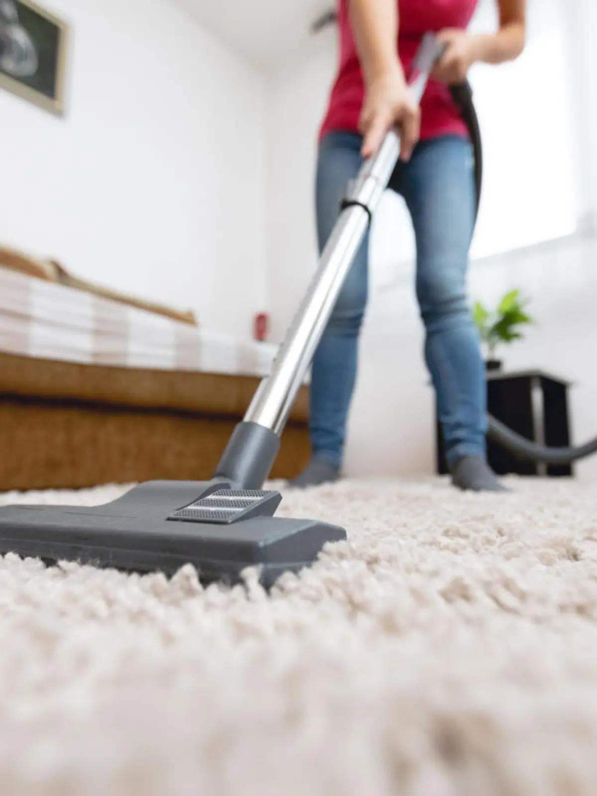 Frau staubsaugt ihren Teppich