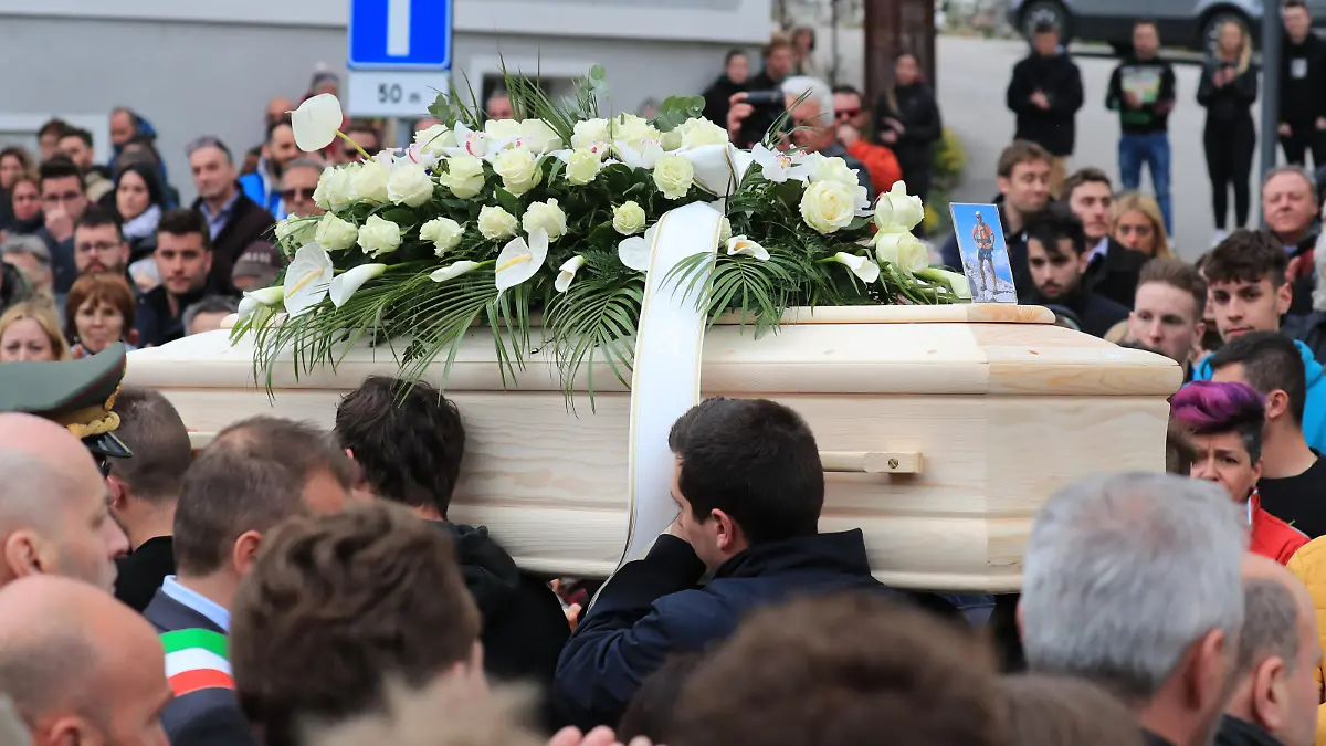 Crowd and Andrea Papi coffin 
/ 1242023
***Funeral of Andrea Papi after a bear attack. Caldes, Italy on April 12, 2023. A jogger, 26 years old, Andrea Papi have been found dead after an attack by the bear JJ4 on the 5th of April 2023 on the path to Peller Mountain in Trentino South Tyrol.****