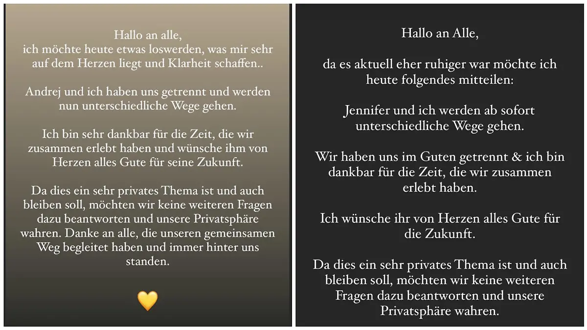 So verkünden Jenny Lange (l.) und Andrej Mangold (r.) bei Instagram ihr Liebes-Aus