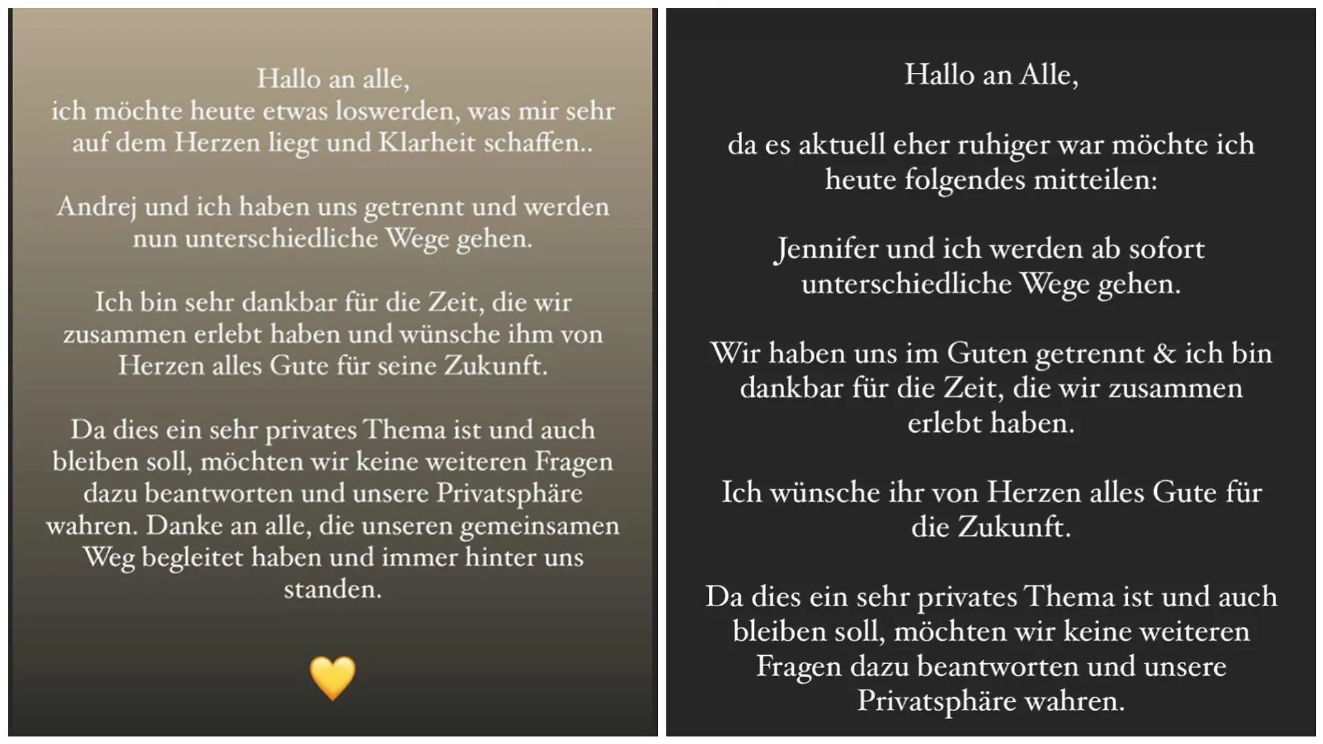 So verkünden Jenny Lange (l.) und Andrej Mangold (r.) bei Instagram ihr Liebes-Aus