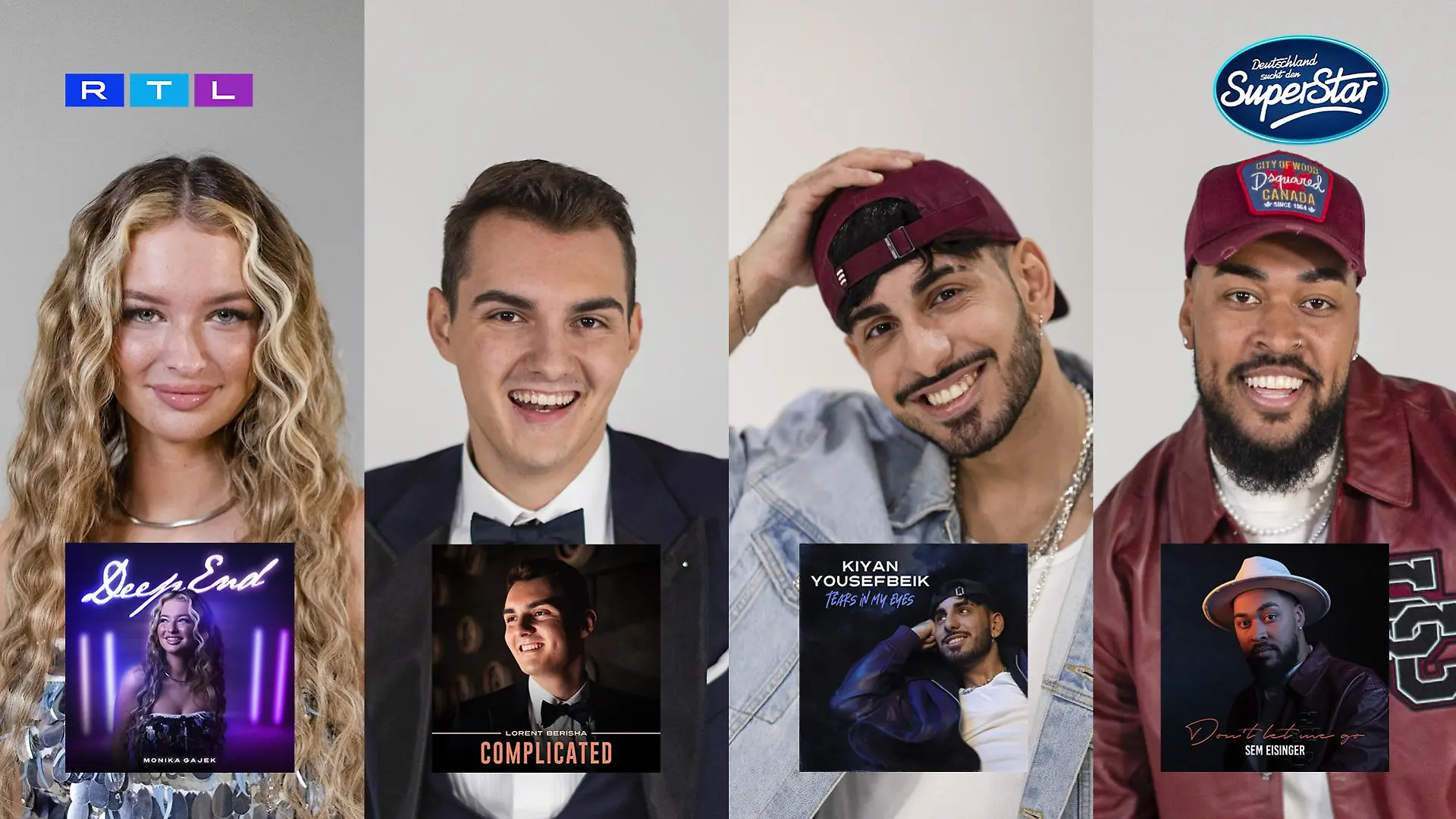 Die vier DSDS-Finalisten Monika Gajek, Lorent Berisha, Kiyan Yousefbeik und Sem Eisinger und ihre frisch veröffentlichten Final-Songs
