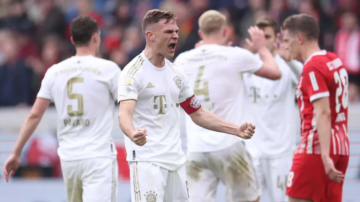 FREIBURG IM BREISGAU, GERMANY - APRIL 08:  Joshua Kimmich of Bayern Muenchen reacts after the Bundesliga match between Sport-Club Freiburg and FC Bayern München at Europa-Park Stadion on April 08, 2023 in Freiburg im Breisgau, Germany. (Photo by Alex Grimm/Getty Images)