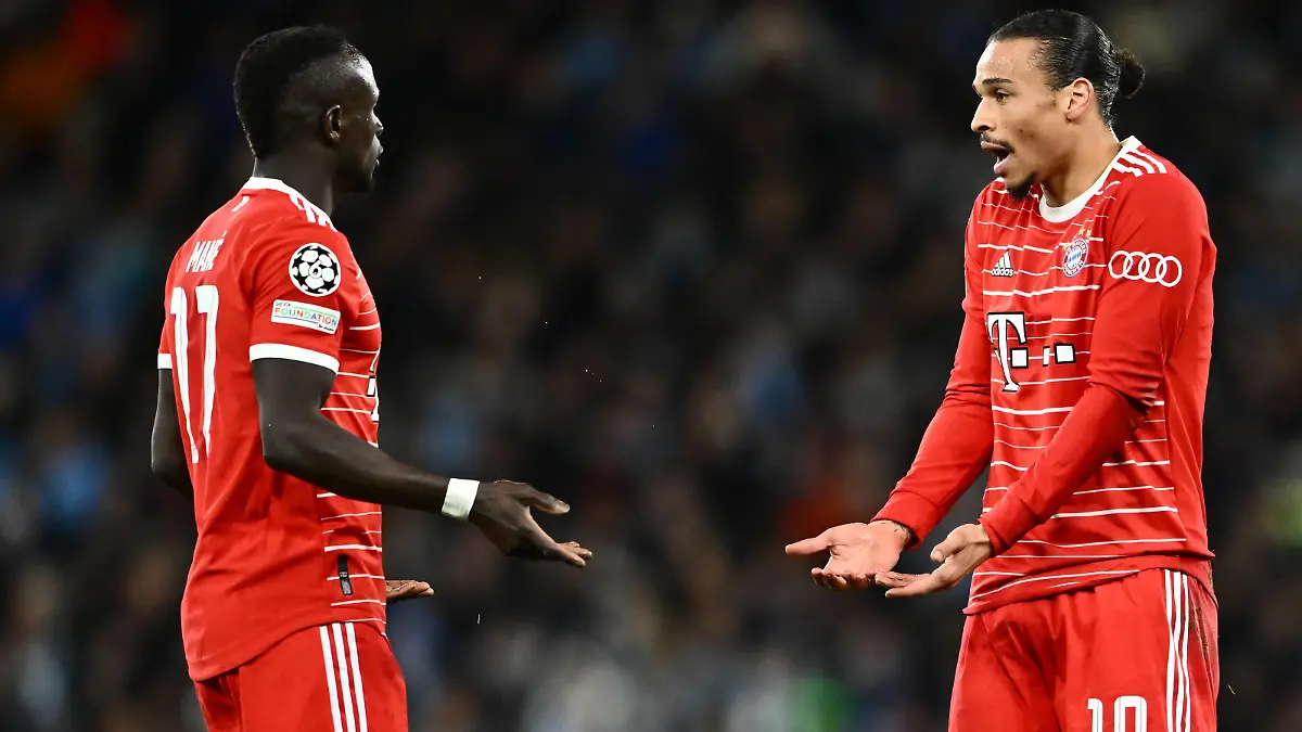 England, Manchester - 11 April 2023 - Sadio Mane and Leroy Sane of Bayern Munich argue during the UEFA Champions League quarter-final first leg match between Manchester City and FC Bayern Munich at Etihad stadium. Photo Sebastian Frej UEFA Champions League quarter-final first leg - Manchester City v FC Bayern Munich Copyright: xSebastianxFrejx