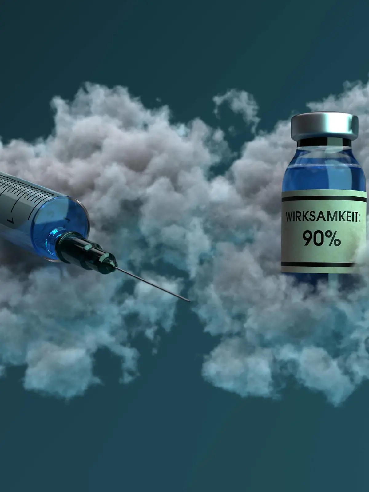  Therapeutic Effect 90 Percent Sars-Cov-2 Vacine German text Wirksamkeit 90%, translate Therapeutic Effect 90%. 3d illustration.