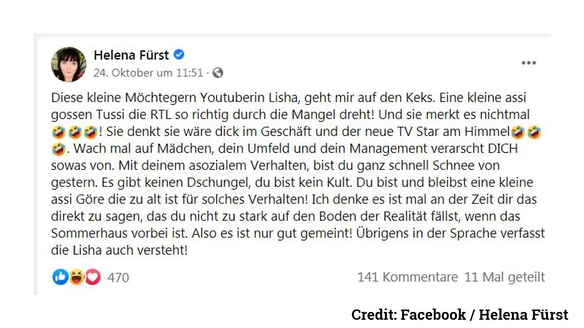 Das schreibt Helena Fürst über Lisha bei Facebook.