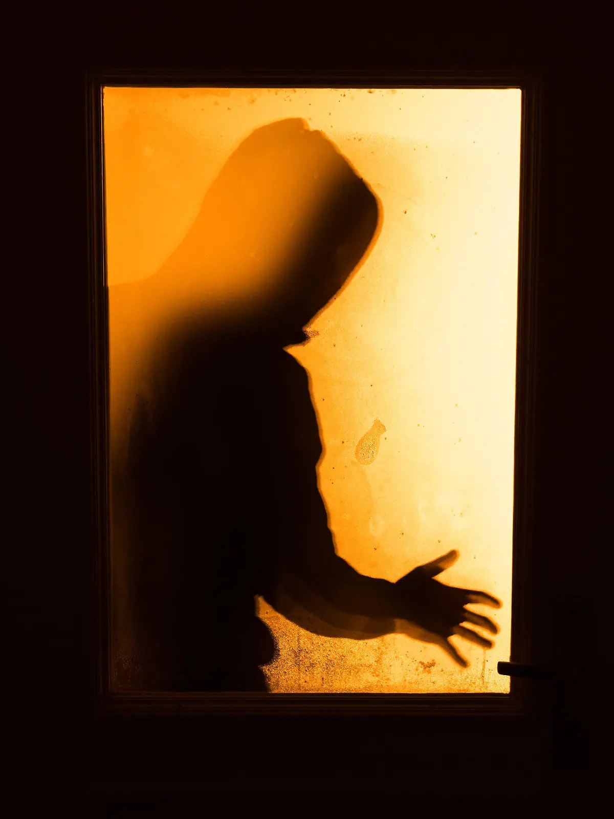 ARCHIV - ILLUSTRATION - 19.01.2016, Bayern, Aufseß: Der Schatten eines Mannes hinter einer gläsernen Wohnungstür. (zu dpa-Medien-Info - Zeitung: Zahl der Straftaten in NRW erneut rückläufig vom 08.09.2018) Foto: Nicolas Armer/dpa +++ dpa-Bildfunk +++