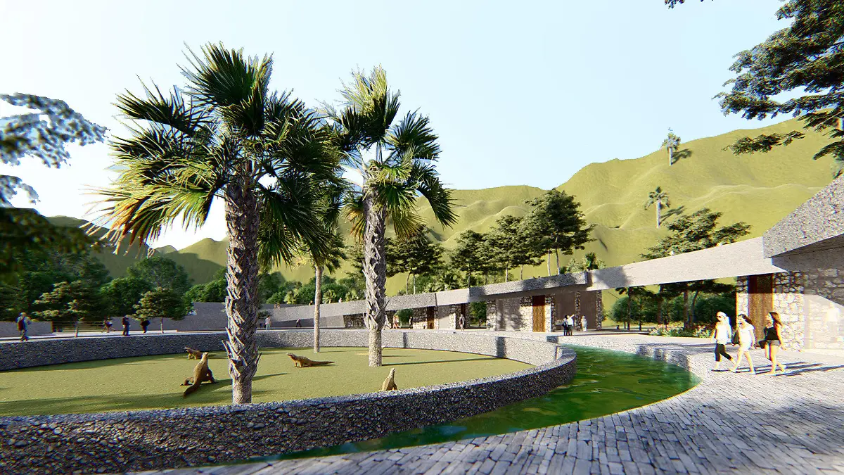 HANDOUT - 16.10.2020, Indonesien, Komodo: Undatiert: Eine Computeranimation zeigt den geplanten Park für Komodowarane auf der Insel Rinca. In die Touristenattraktion im Komodo-Nationalpark sollen einige der letzten Riesenechsen integriert werden. (zu dpa «Jurassic Park» im Reich der Komododrachen - Streit um Bauprojekt") Foto: Yori Antar/Han Awal/dpa - ACHTUNG: Nur zur redaktionellen Verwendung im Zusammenhang mit der aktuellen Berichterstattung und nur mit vollständiger Nennung des vorstehenden Credits +++ dpa-Bildfunk +++