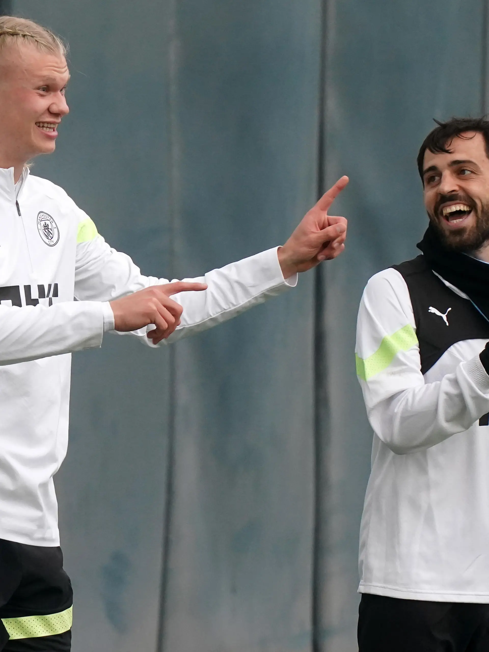Manchester City Training Session and Press Conference - City Football Academy - Monday 10th April. Manchester City's Erling Haaland and Bernardo Silva and during a training session at the City Football Academy, Manchester. Picture date: Monday April 10, 2023. See PA story SOCCER Man City. Photo credit should read: Mike Egerton/PA Wire RESTRICTIONS: Use subject to restrictions. Editorial use only, no commercial use without prior consent from rights holder. URN:71701691