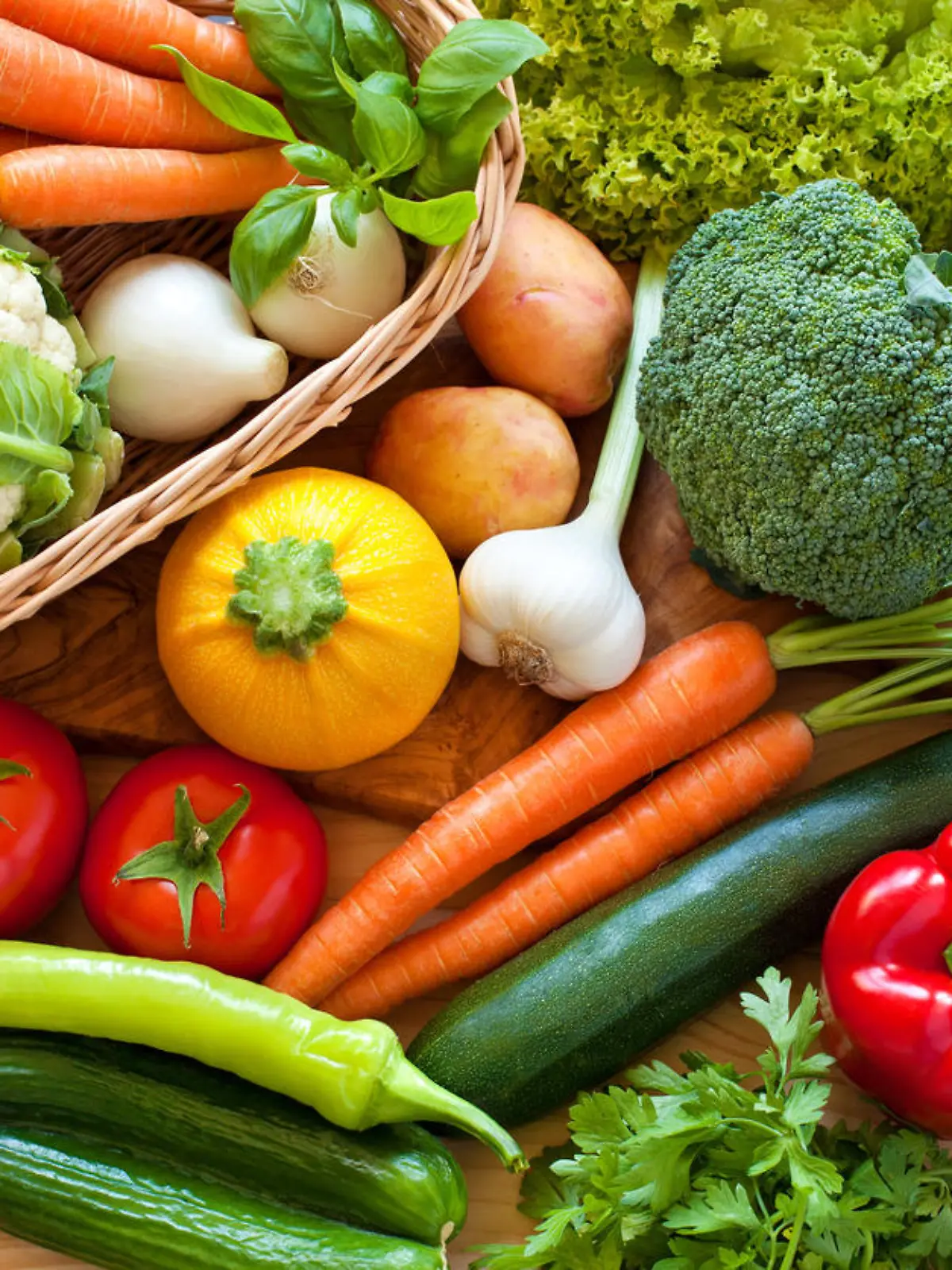 Close up of various colorful raw vegetables