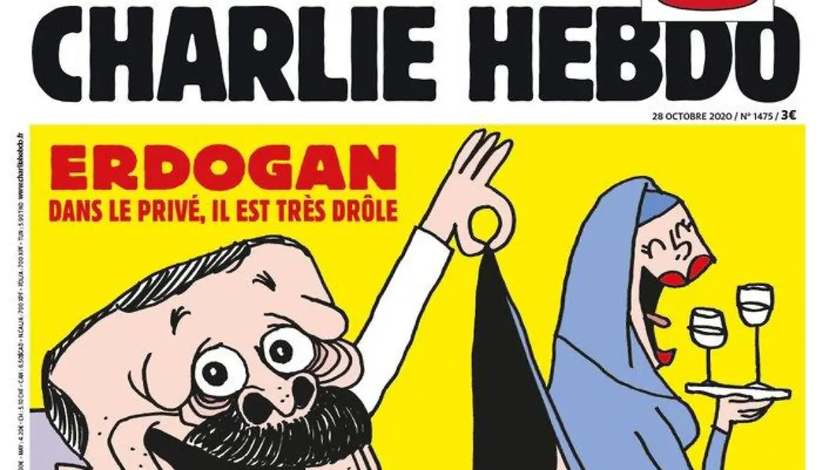 Erdogan-Karikatur zeigt den Politiker lachend, während eine Frau ihren Schleier lüftet