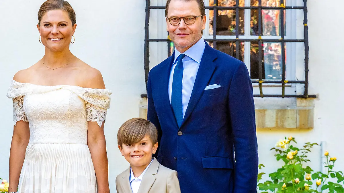 Crown Princess Victoria and Prince Daniel with Prince Oscar during the festivities for the Crown Princess her 46th birthday at Solliden Palace in Oland, Sweden.