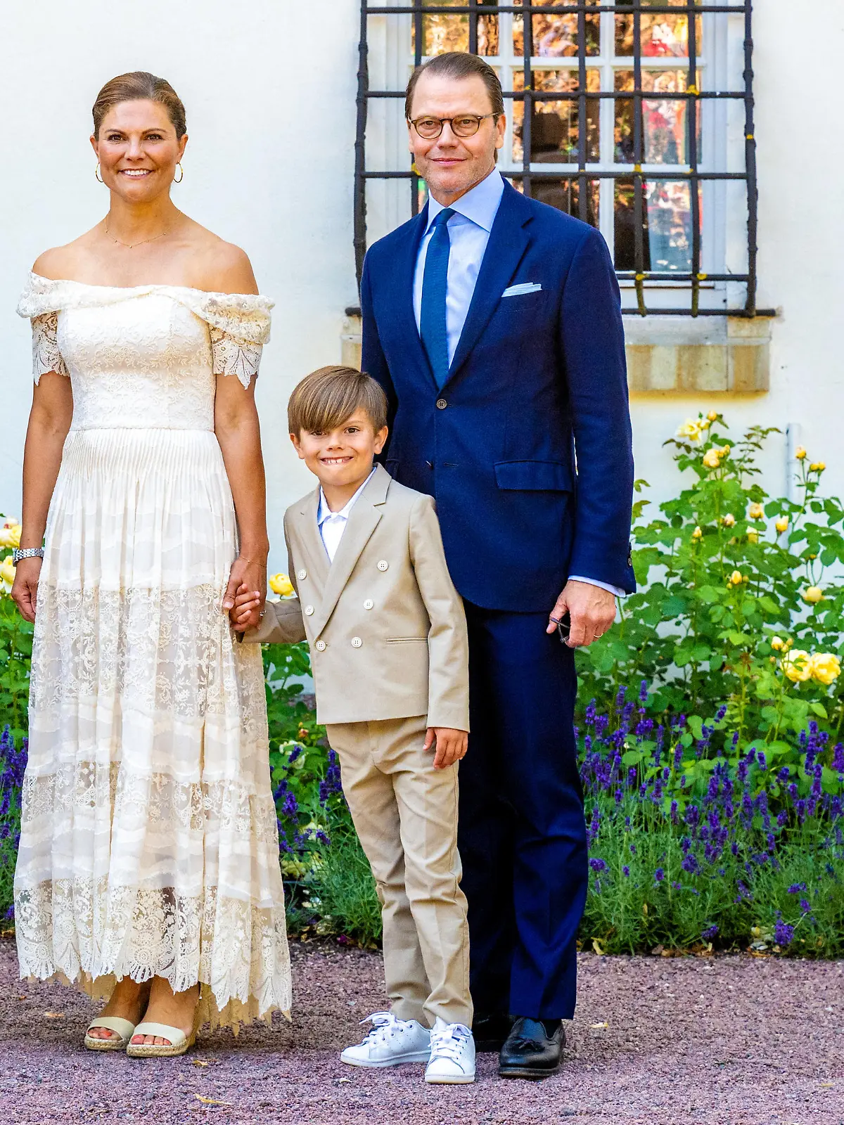 Crown Princess Victoria and Prince Daniel with Prince Oscar during the festivities for the Crown Princess her 46th birthday at Solliden Palace in Oland, Sweden.